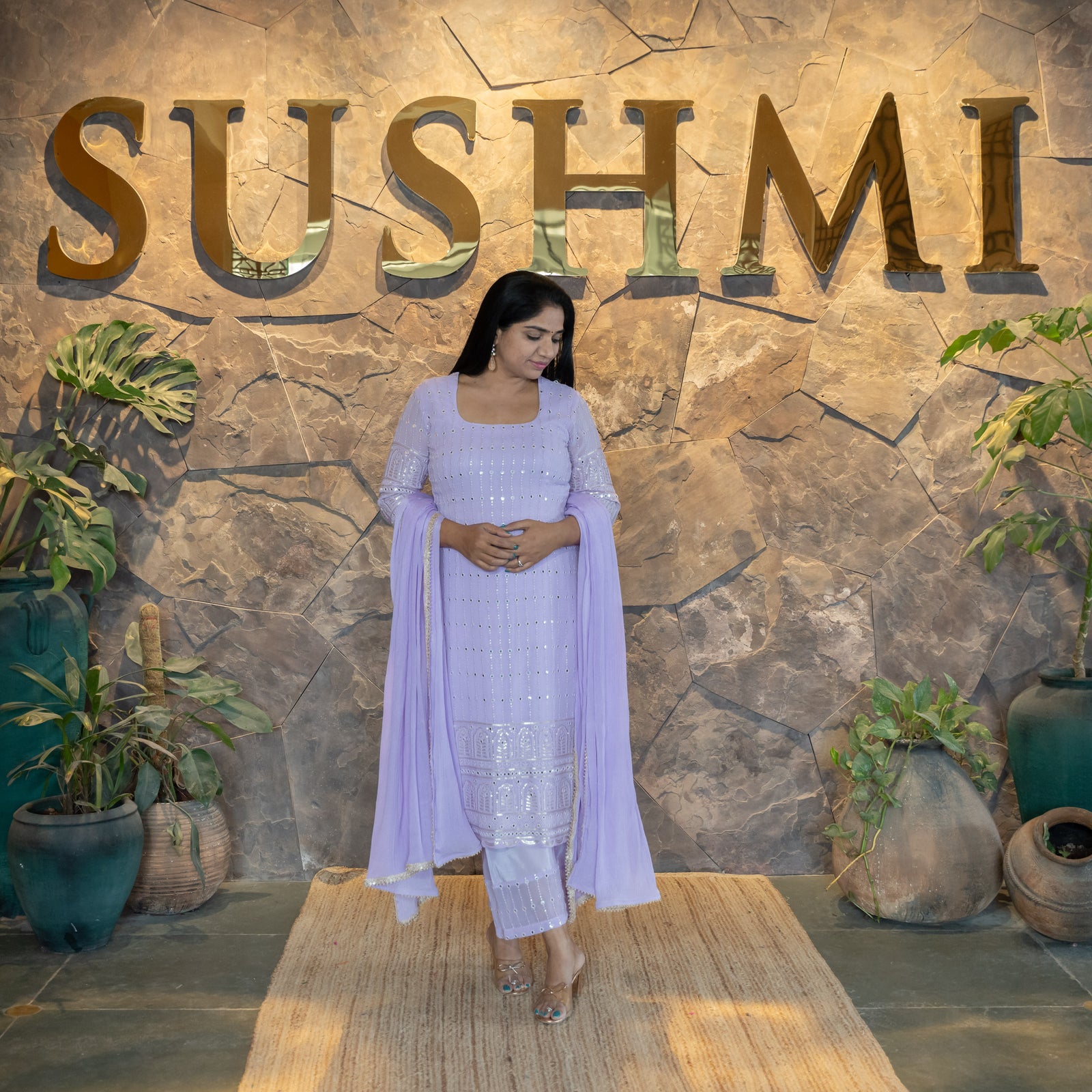 Gorgette Mirrorwork Chikankari 3-PC set