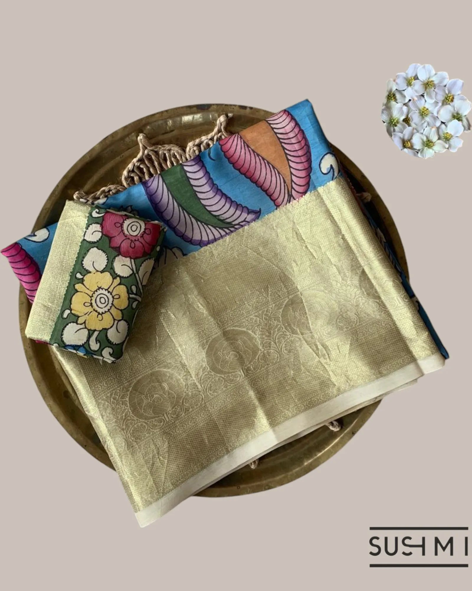 Blue Kanchi Pen kalamkari handpainted saree with heavy borders