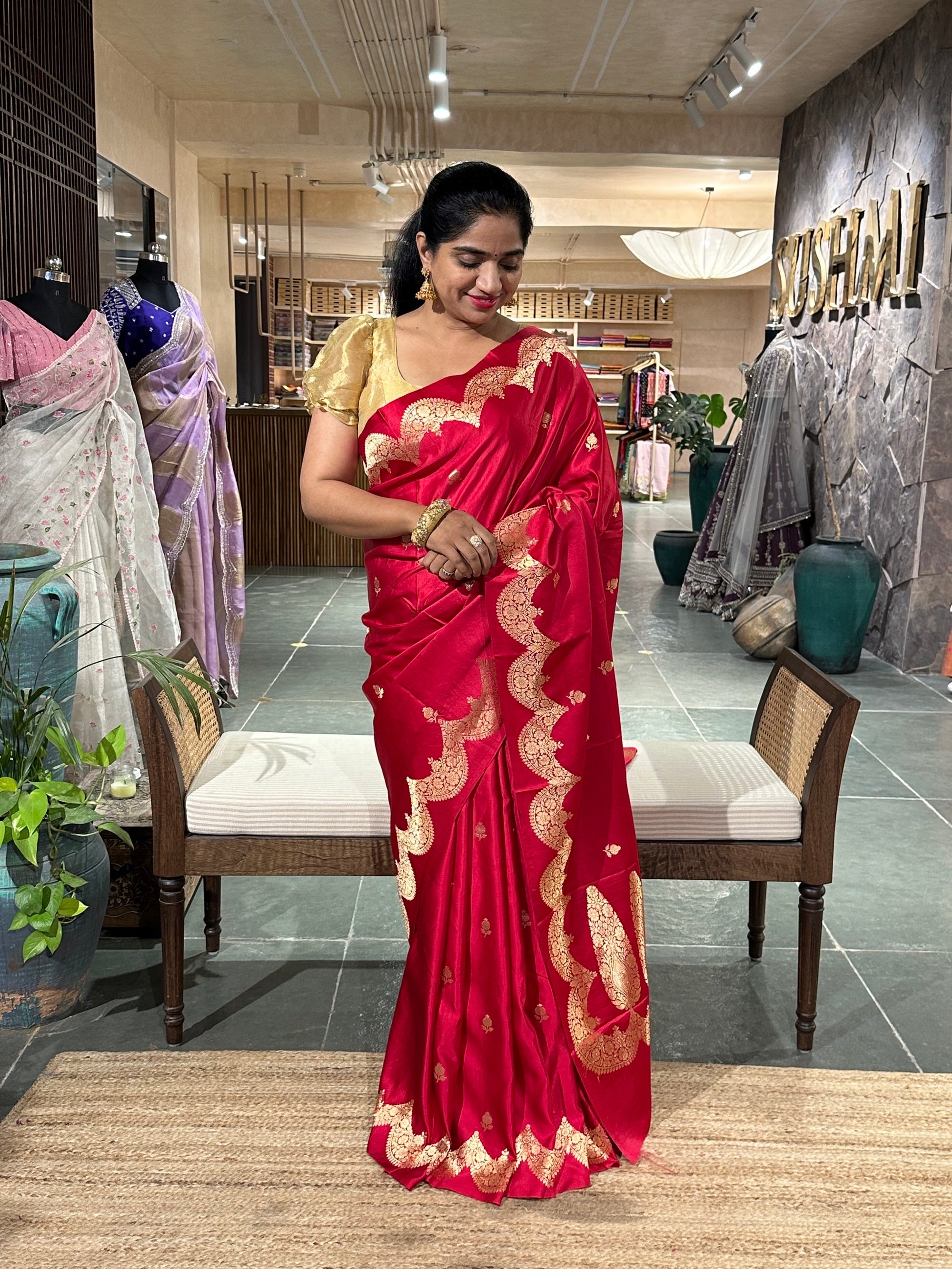 Reddish Pink Pure Banarasi Handloom Mashru Silk Saree  with kaduwa weaving