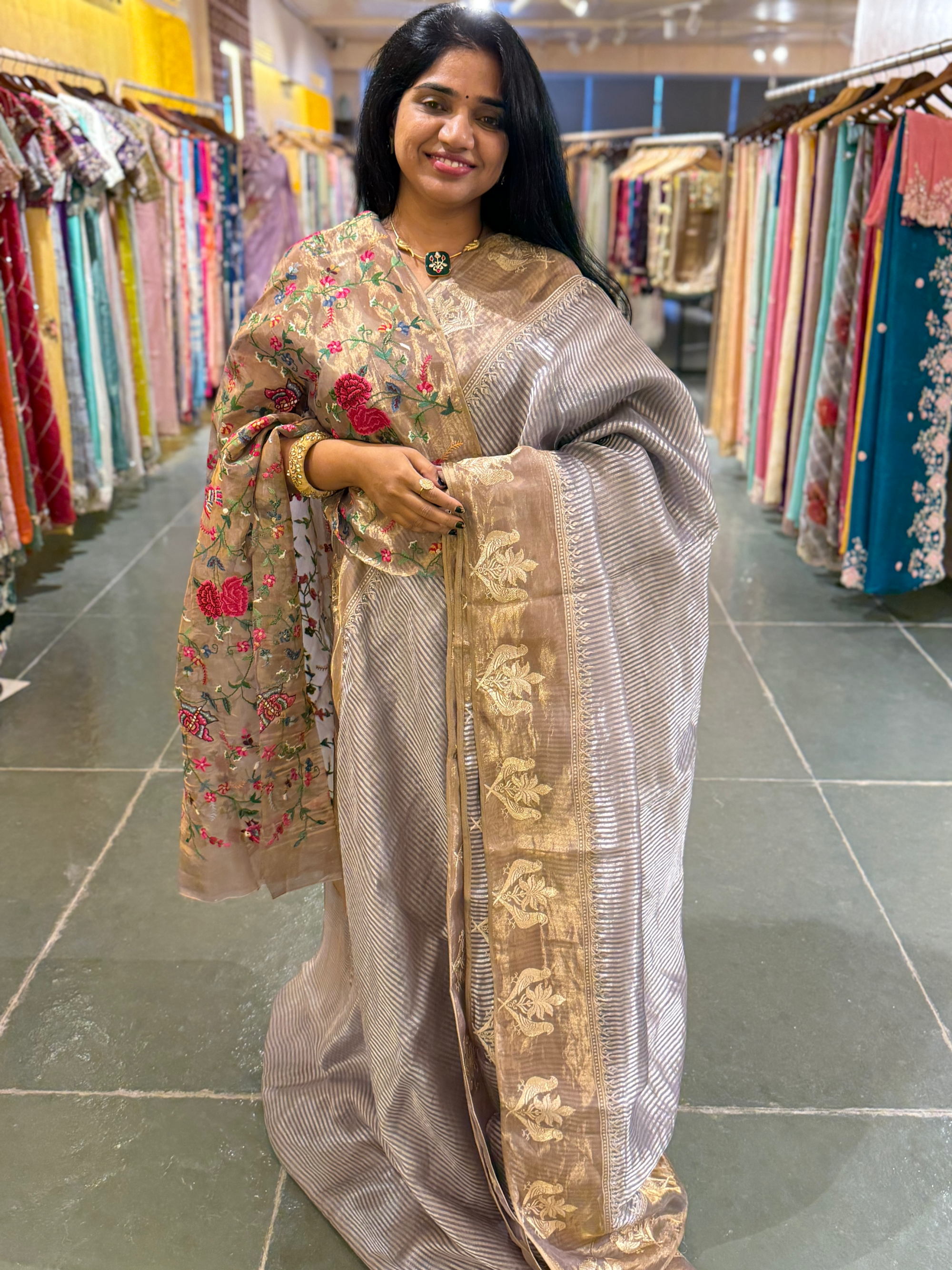 Dusty Purple Kora Tissue stripes saree wth tissue Embroidered Border