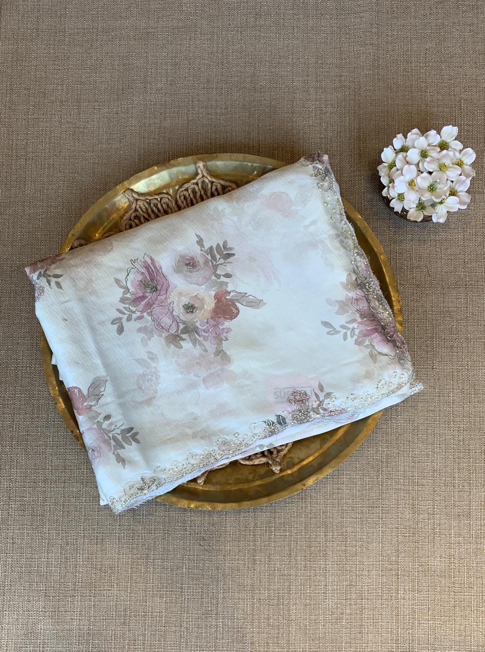 Lightest Mint Pure Chinnon Satin Crepe Saree with Floral Print& Handwork Borders