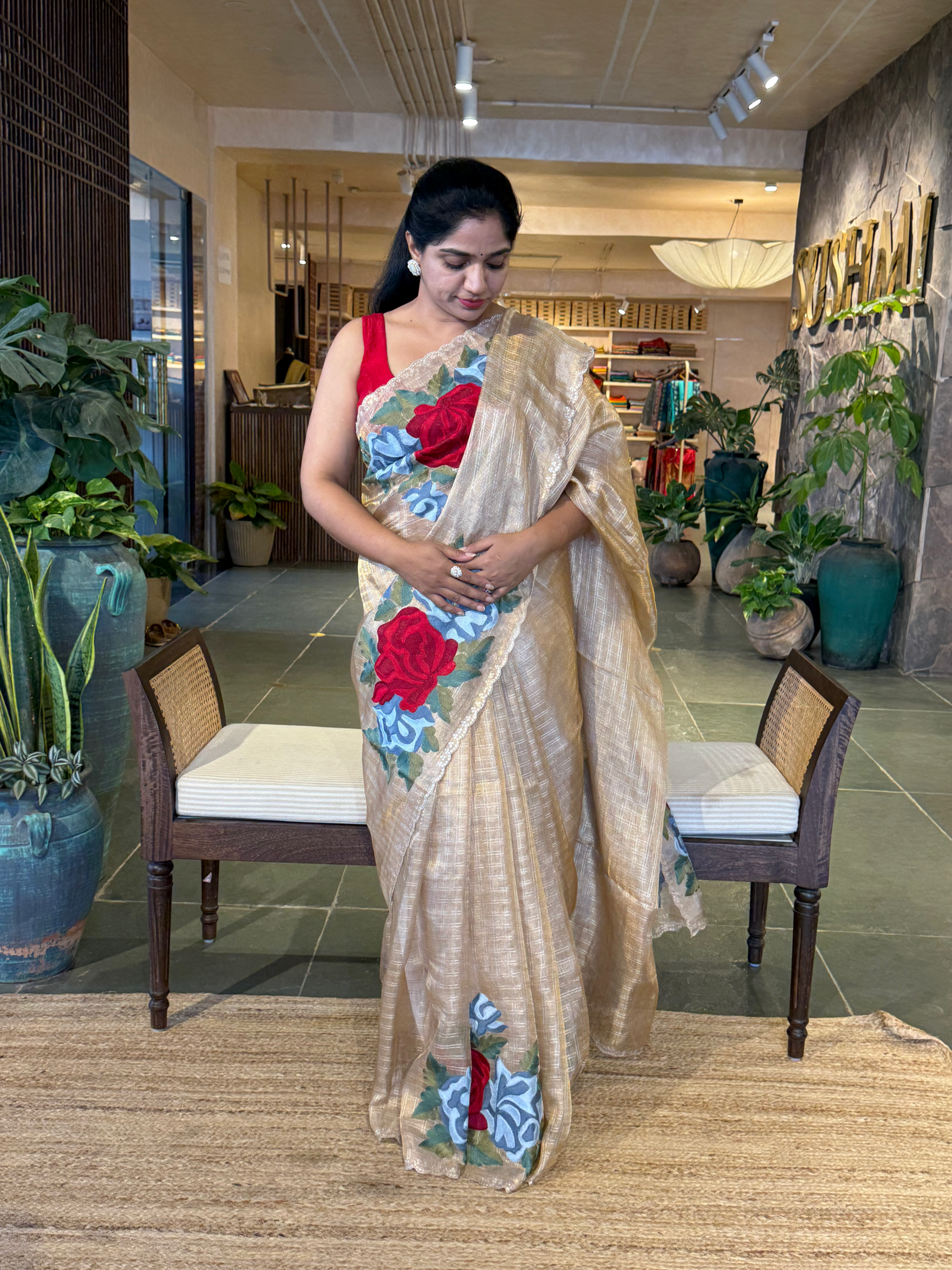 Gold Banarasi Tissue Saree with Silver Checks & Big Statement Floral Embroidery