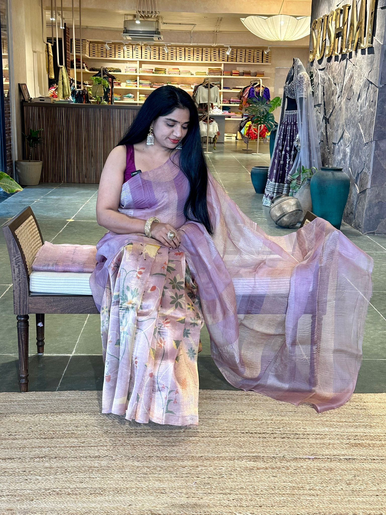 Lavenderish Pink Premium Banarasi Printed Tissue Saree in half and half style