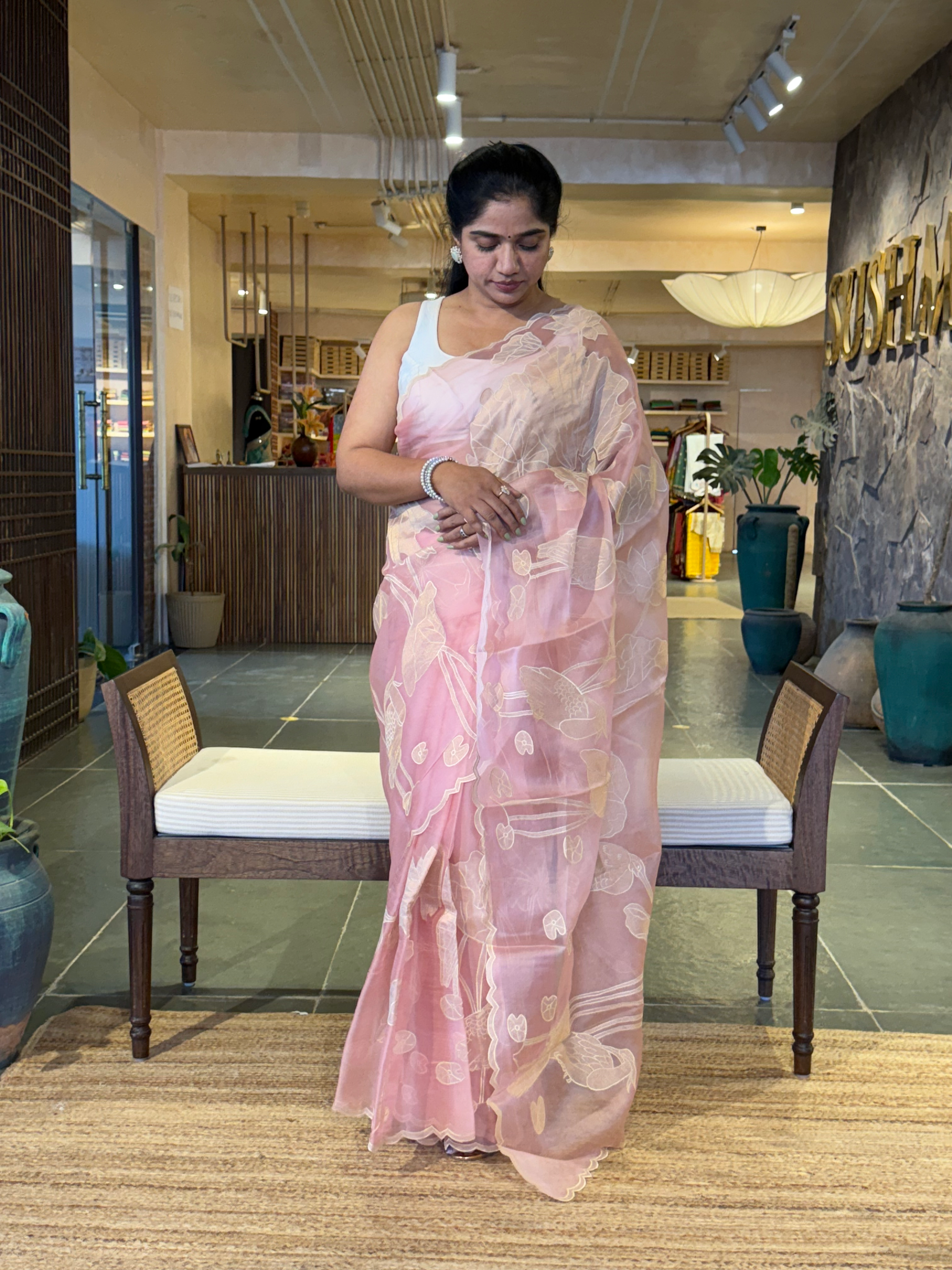 Blush Pink Pure Organza Designer Saree with Allover Tissue Applique Embroidery