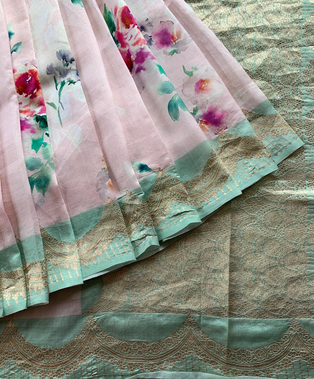 Banarasi Soft Silk Printed Saree With Scalloped Woven Zari Border