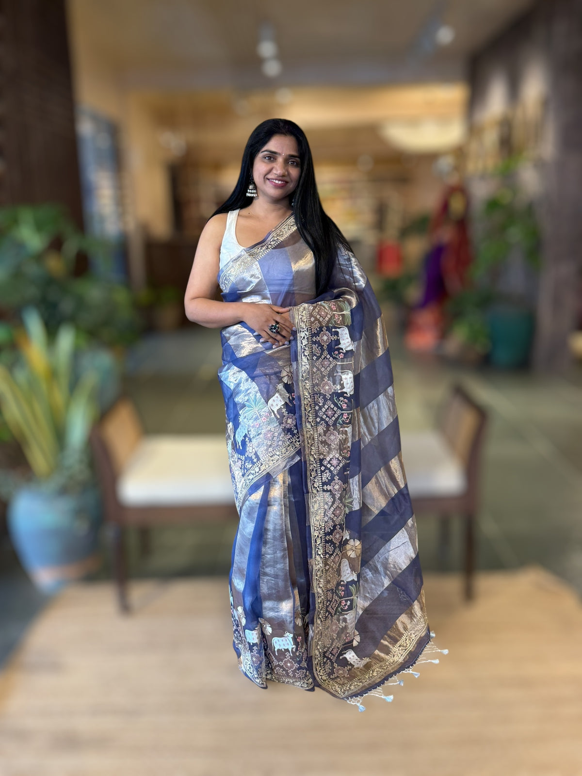 Blue Kora Tissue Stripes Saree With Jamdani  &amp; Pichwai embroidered Border
