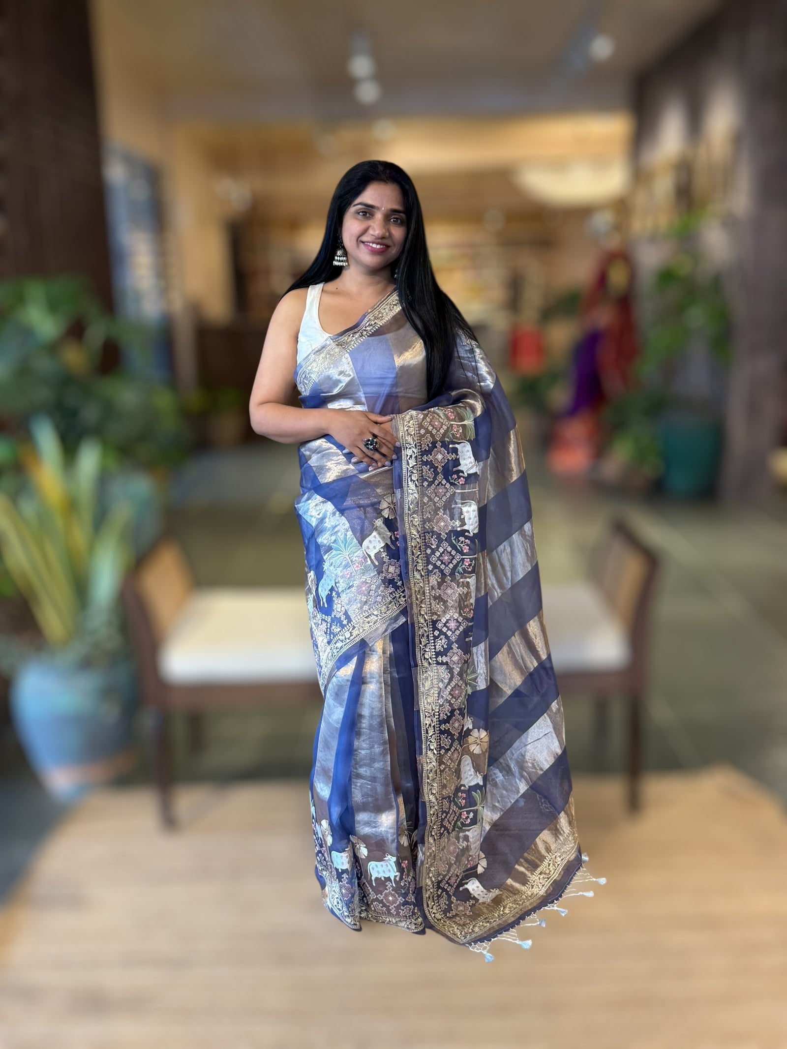 Blue Kora Tissue Stripes Saree With Jamdani  & Pichwai embroidered Border