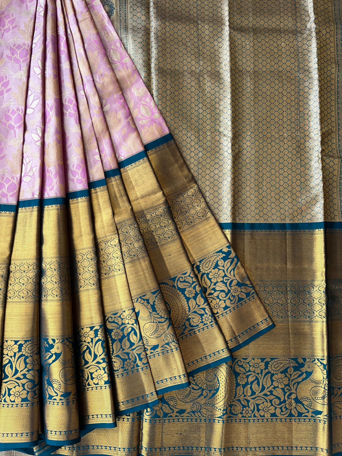 Lotus Pink & Peacock Blue Combo Pure Kanchi Tissue allover Brocade Saree