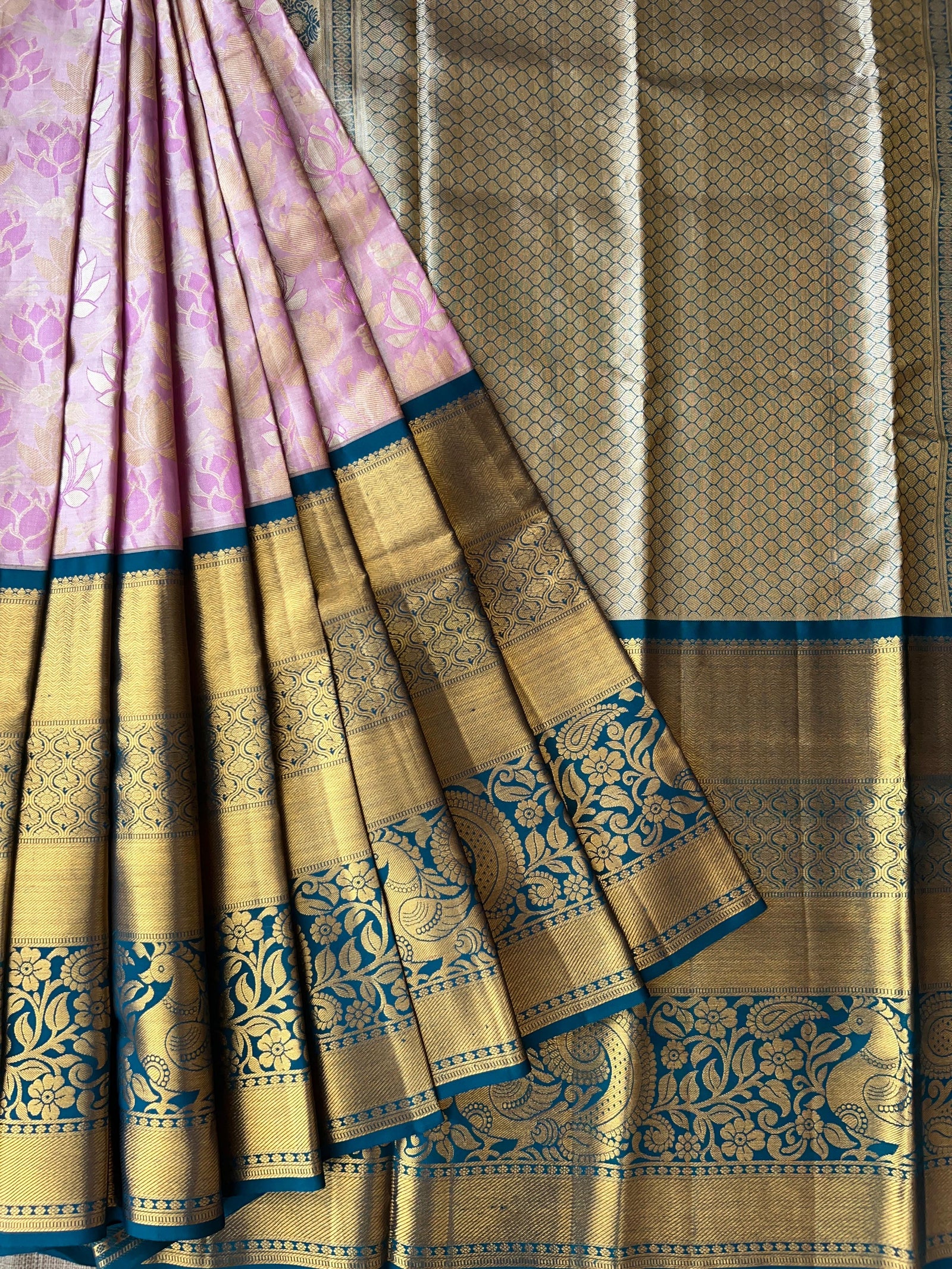 Lotus Pink & Peacock Blue Combo Pure Kanchi Tissue allover Brocade Saree