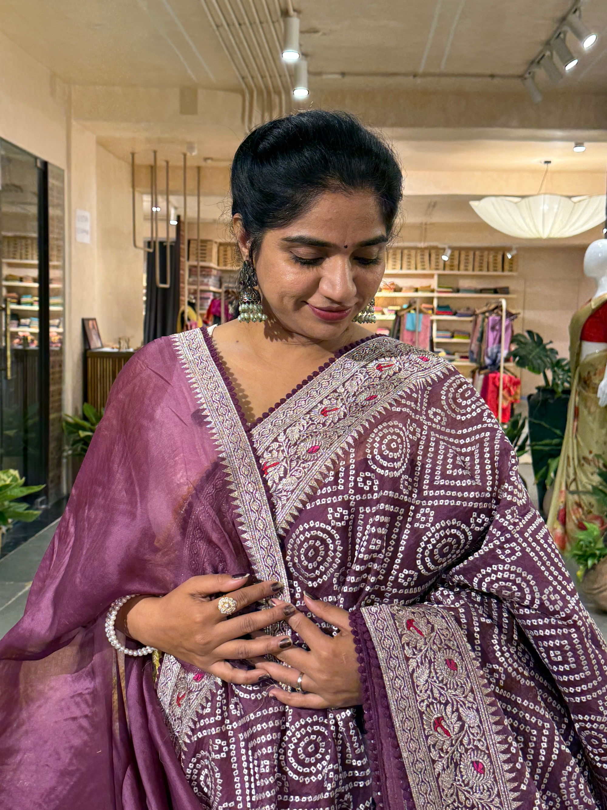 SOBBM172 : Wine Organza Banarasi with Bandhini Look Allover Embroidery