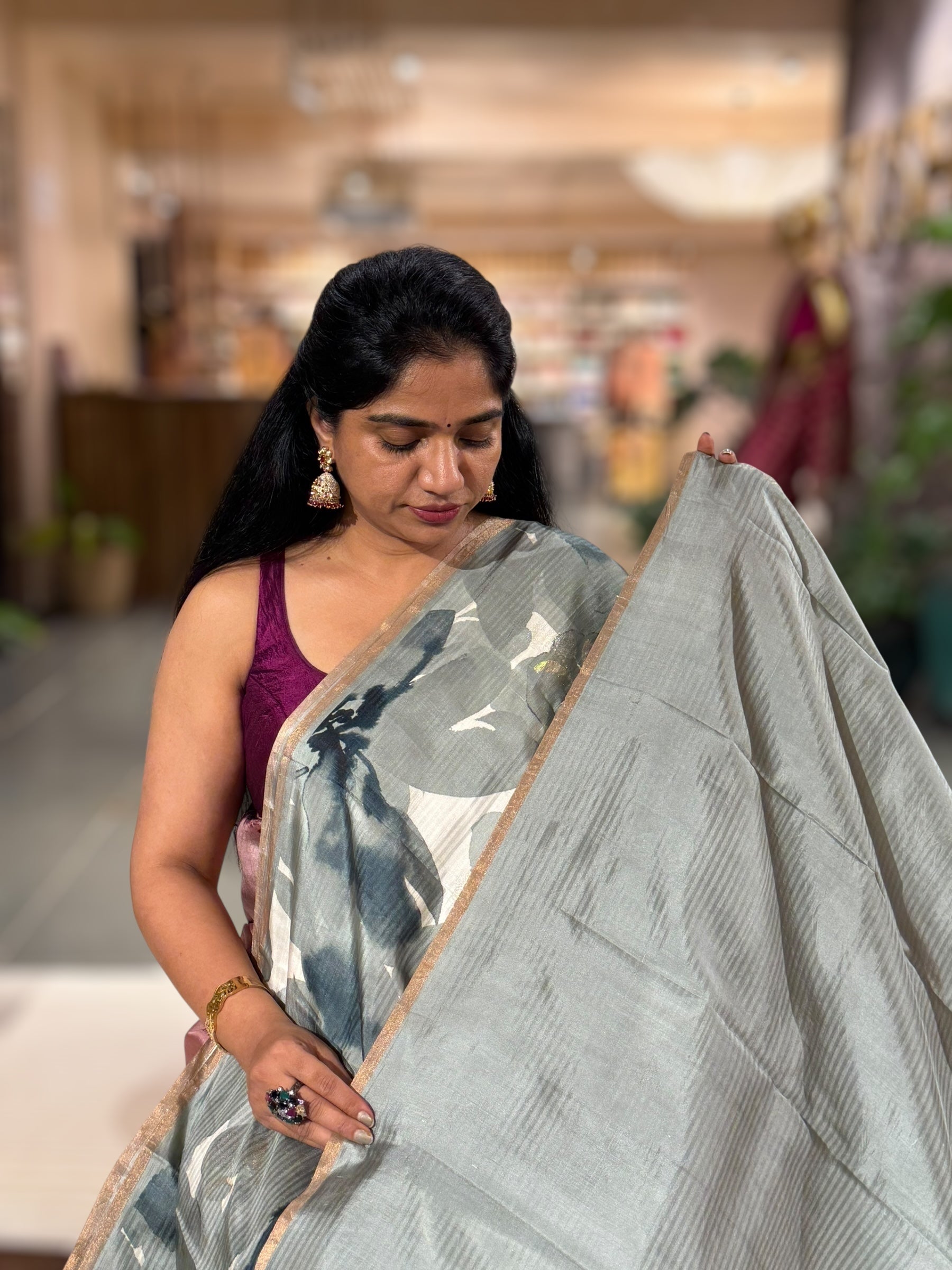 Light Sage Green  Kanchi Soft Silk with Allover Water Color Paint Style Print