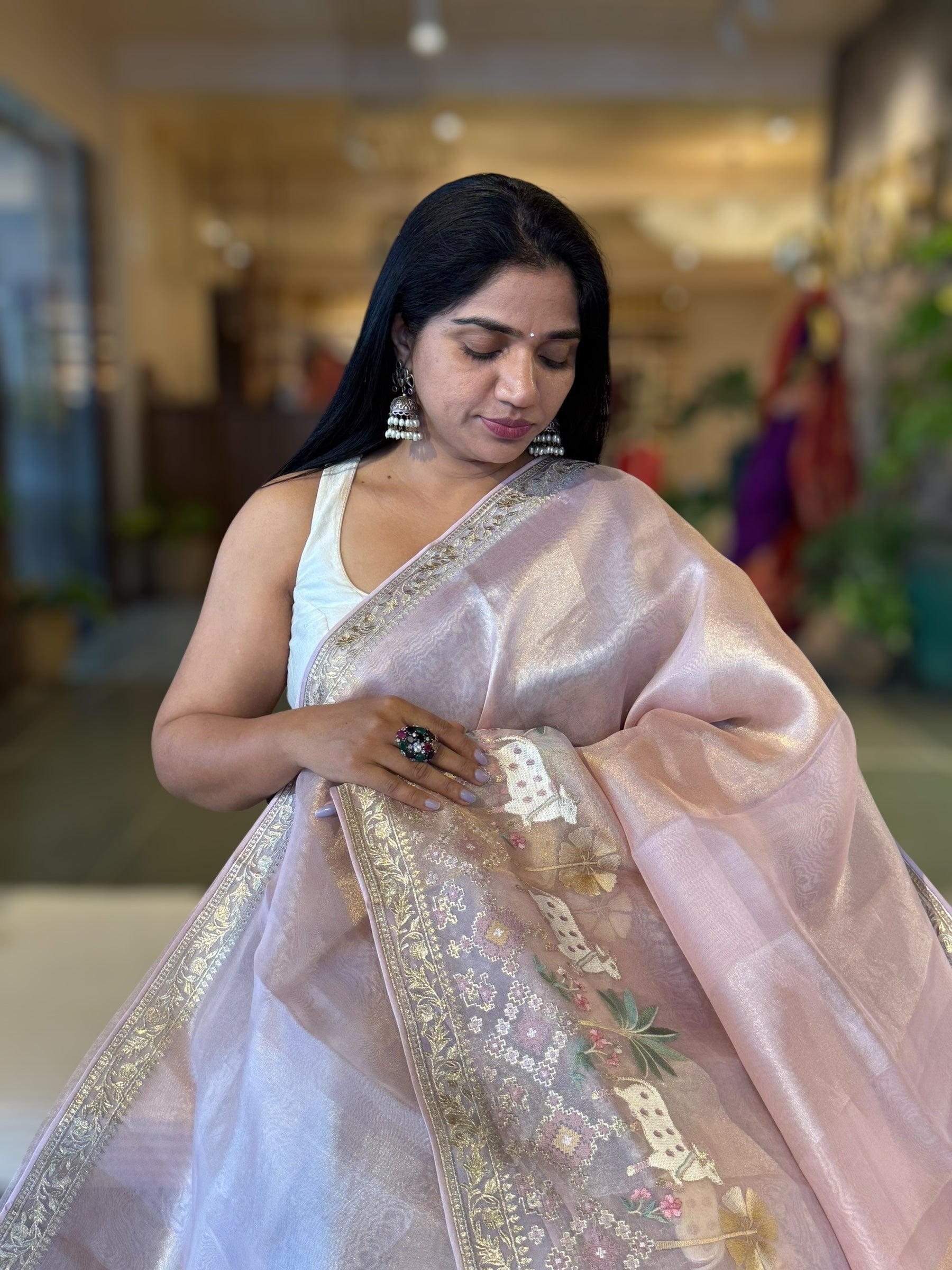 Pale Pink Kora Tissue Stripes Saree With Jamdani  & Pichwai embroidered Border