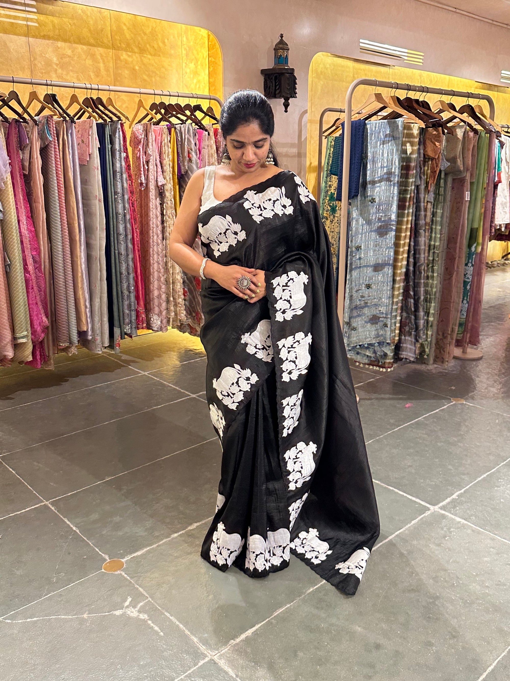 Black  Satin Organza Saree with a slight Crush With Pichwai Applique work motifs
