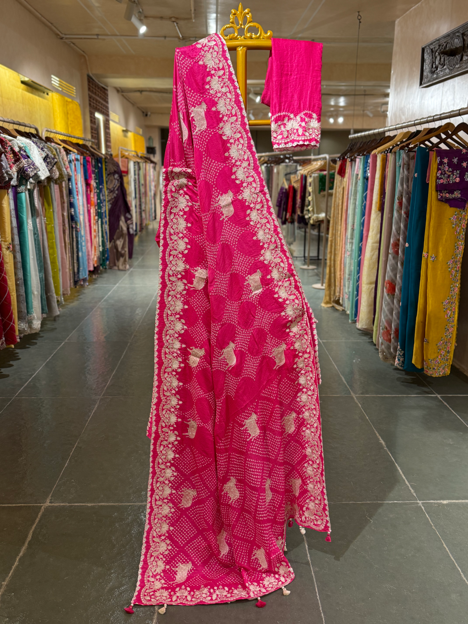 Neon Pink Pure Gajji Silk Rai Bandhej Saree with Pichwai Embroidery