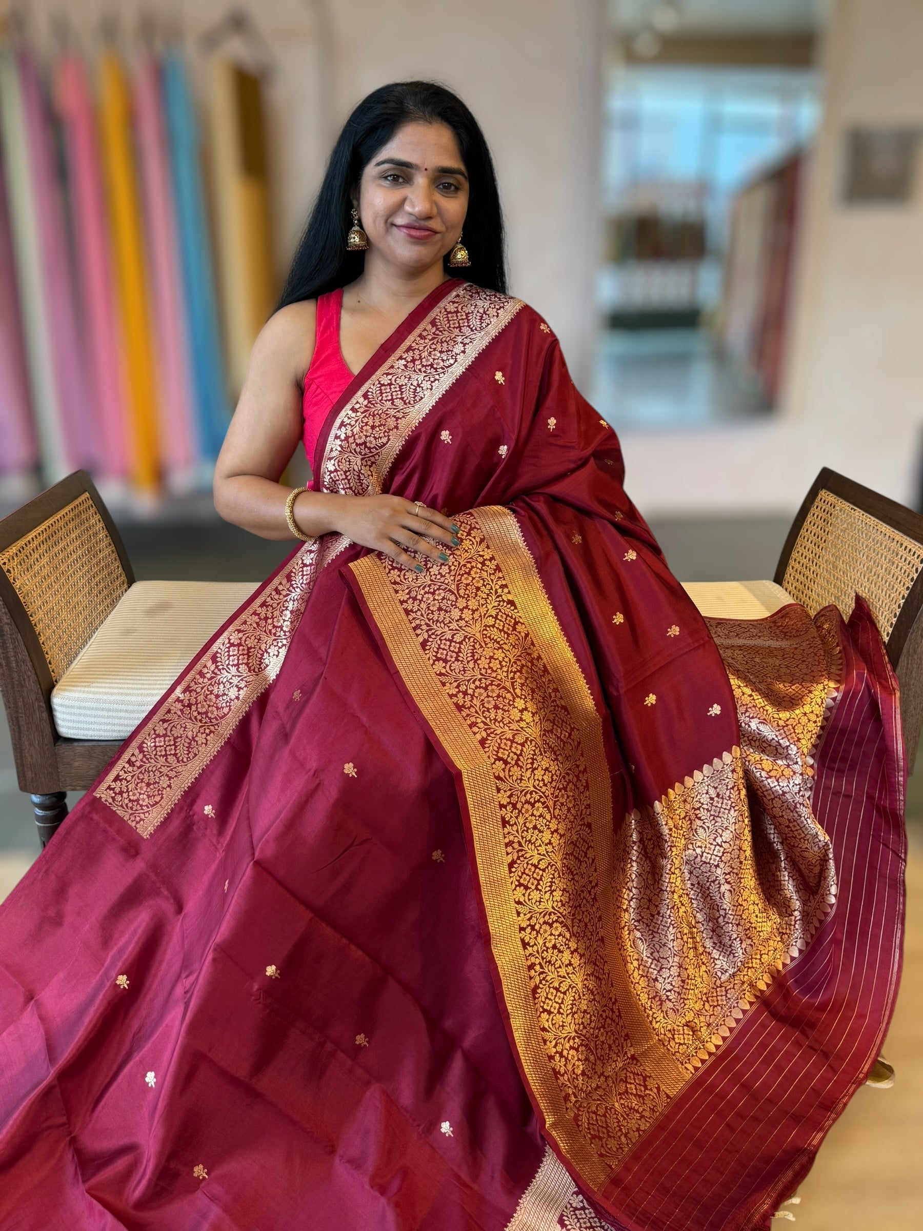 Burgundy Banarasi Raw Mango Silk Saree with Open Borders & Kaduwa Weaving