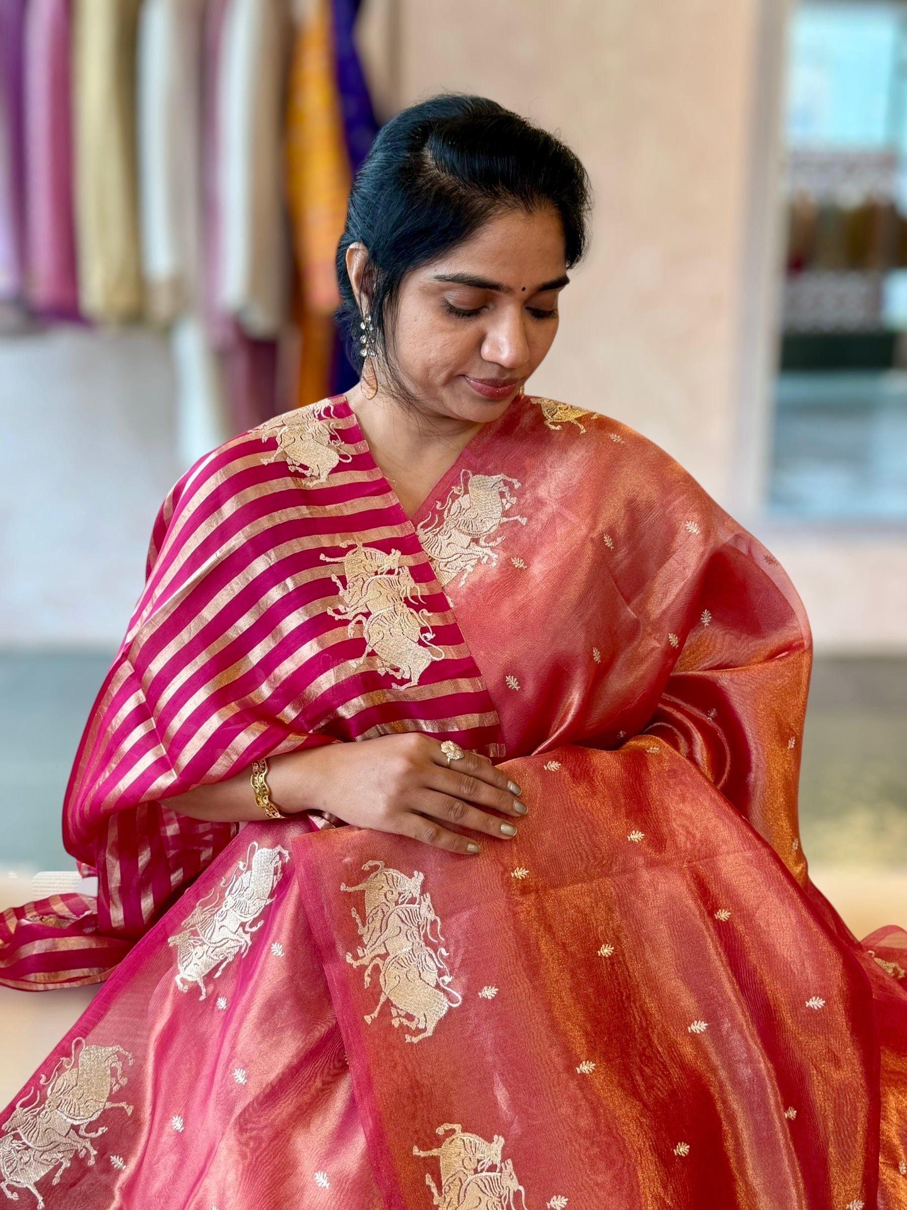 Pink Handloom Tissue Saree wth Nandi Embroidered Border & Stripes Tissue BP