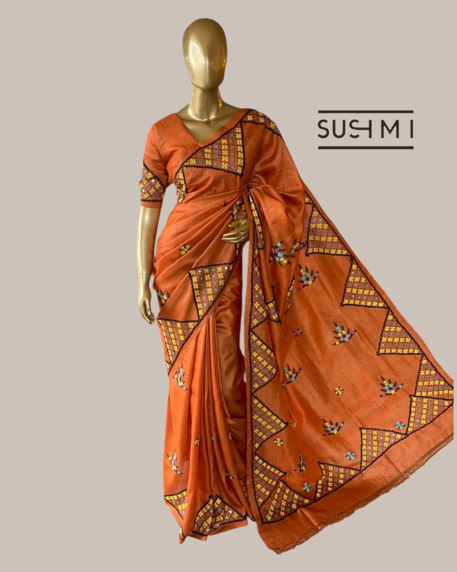 Rust Orange Pure Tussar Saree with handwork Kutch embroidered with mirrors