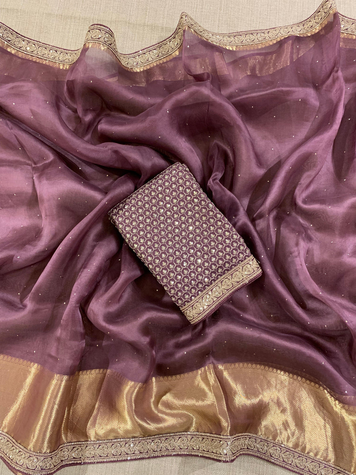 SK1091412ORG:Brownish Wine Kanchi Kora Saree with allover mukaish handwork