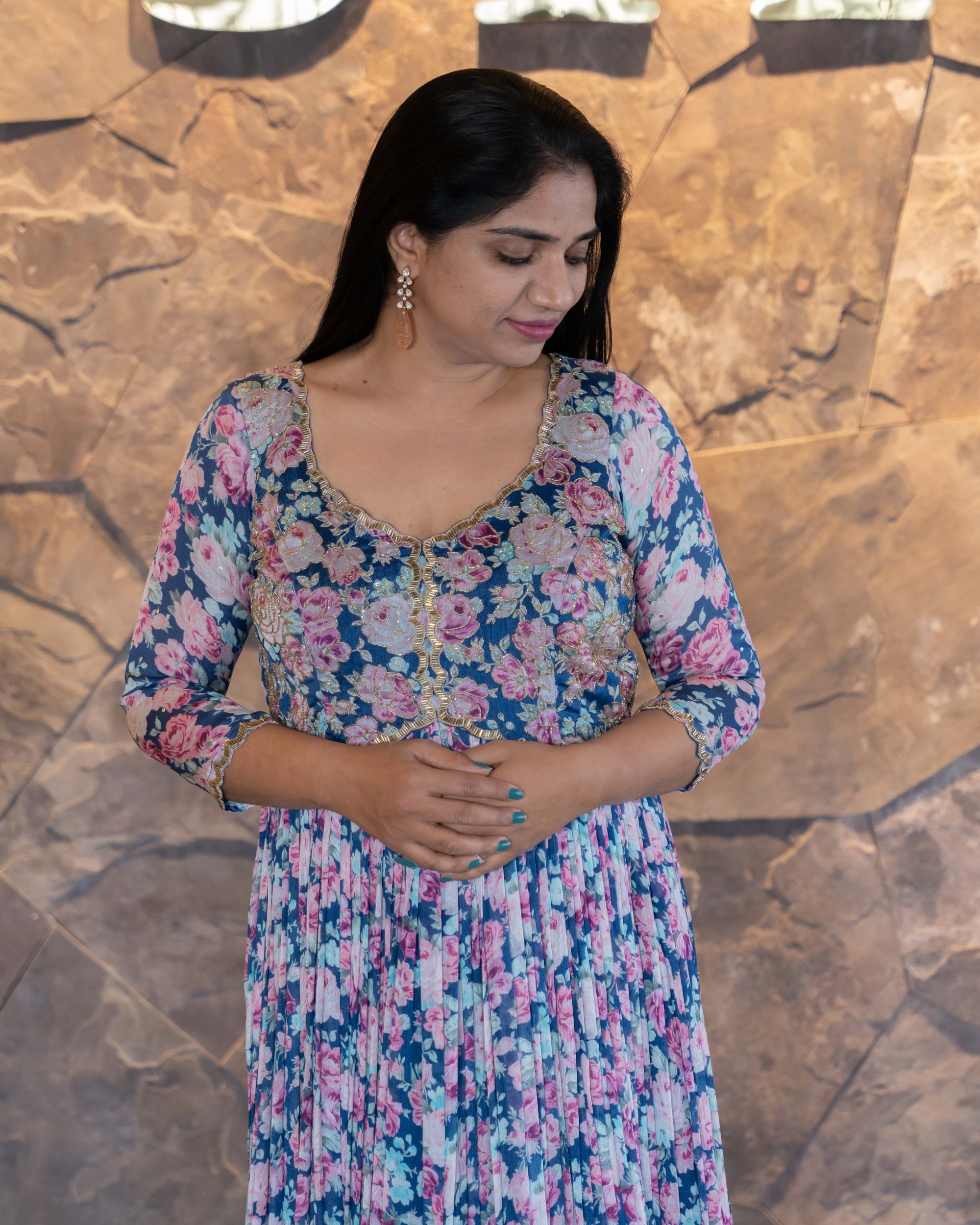 Pure Chinnon Printed Long Frock with handwork yoke