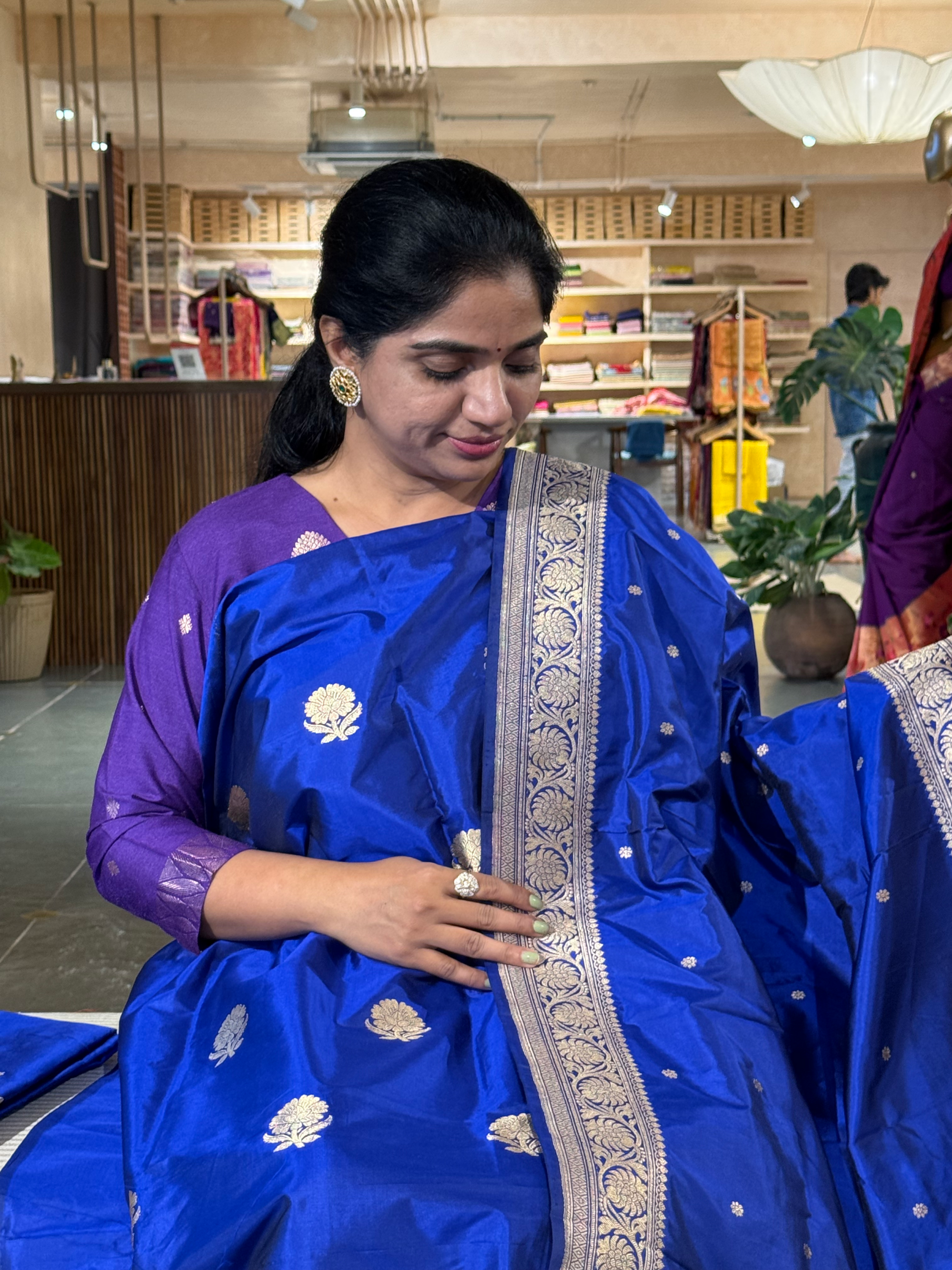 Royal BluePure Handloom Katan Silk  3 pc Suit Set with  kaduwa weaving