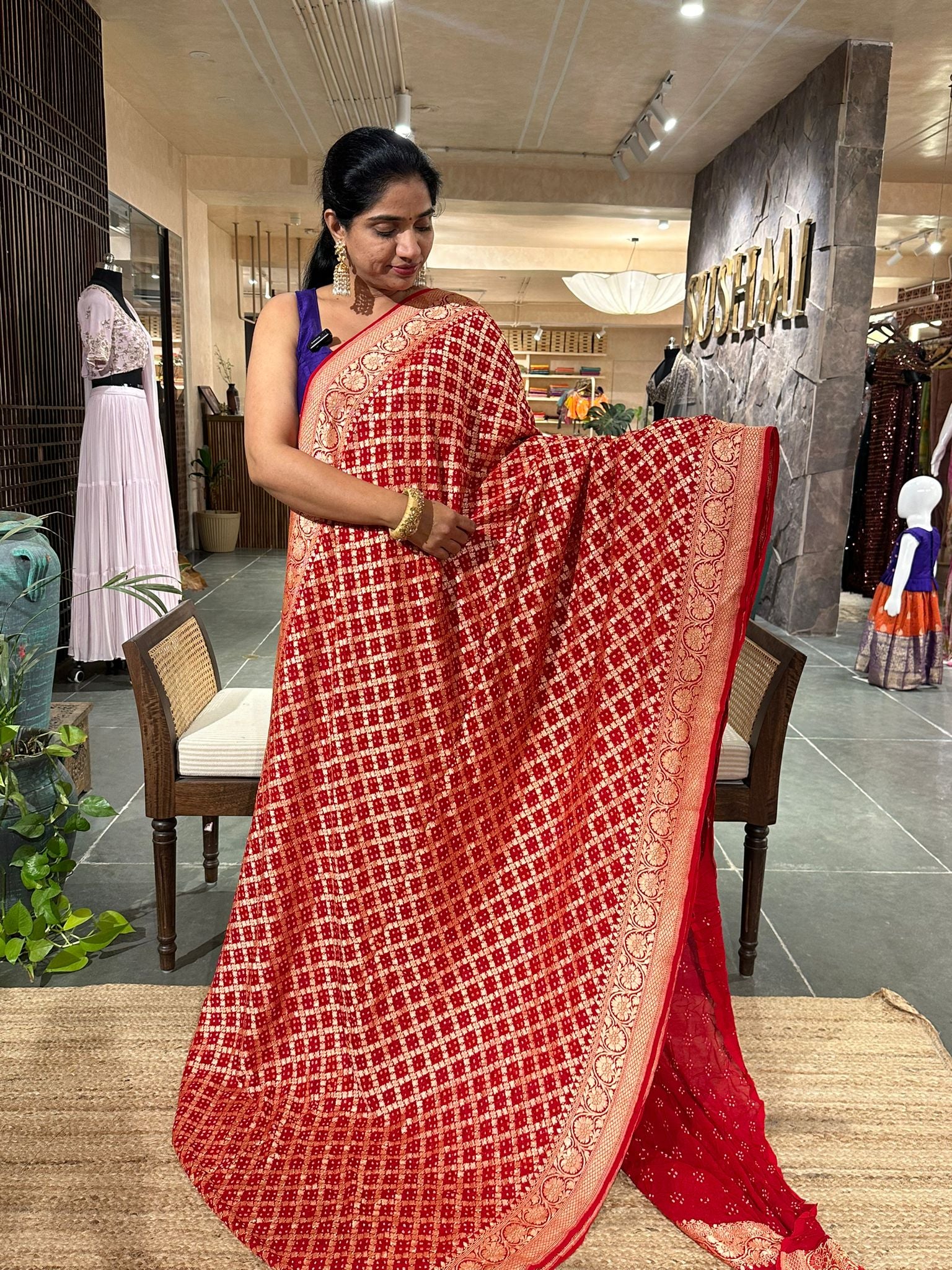 Red banarsi khaddi georgette handmade bandhej work