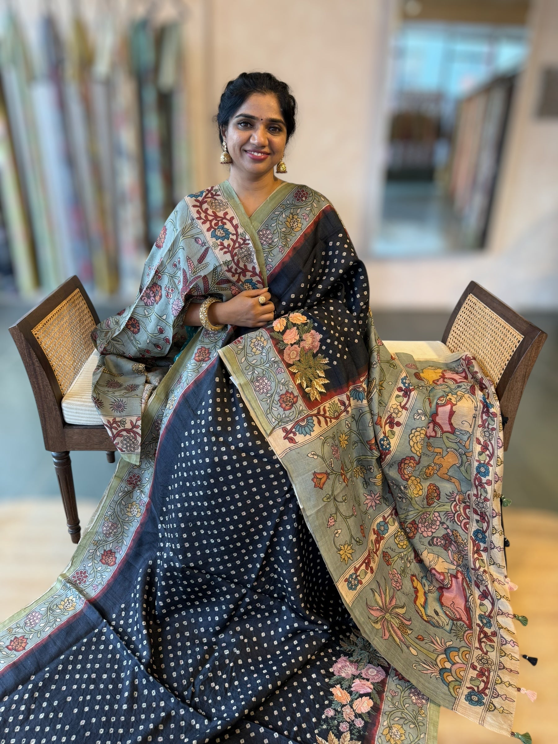 Black Tussar Bandhini Saree With Pen kalamkari Border & Petite Point Emb Blouse