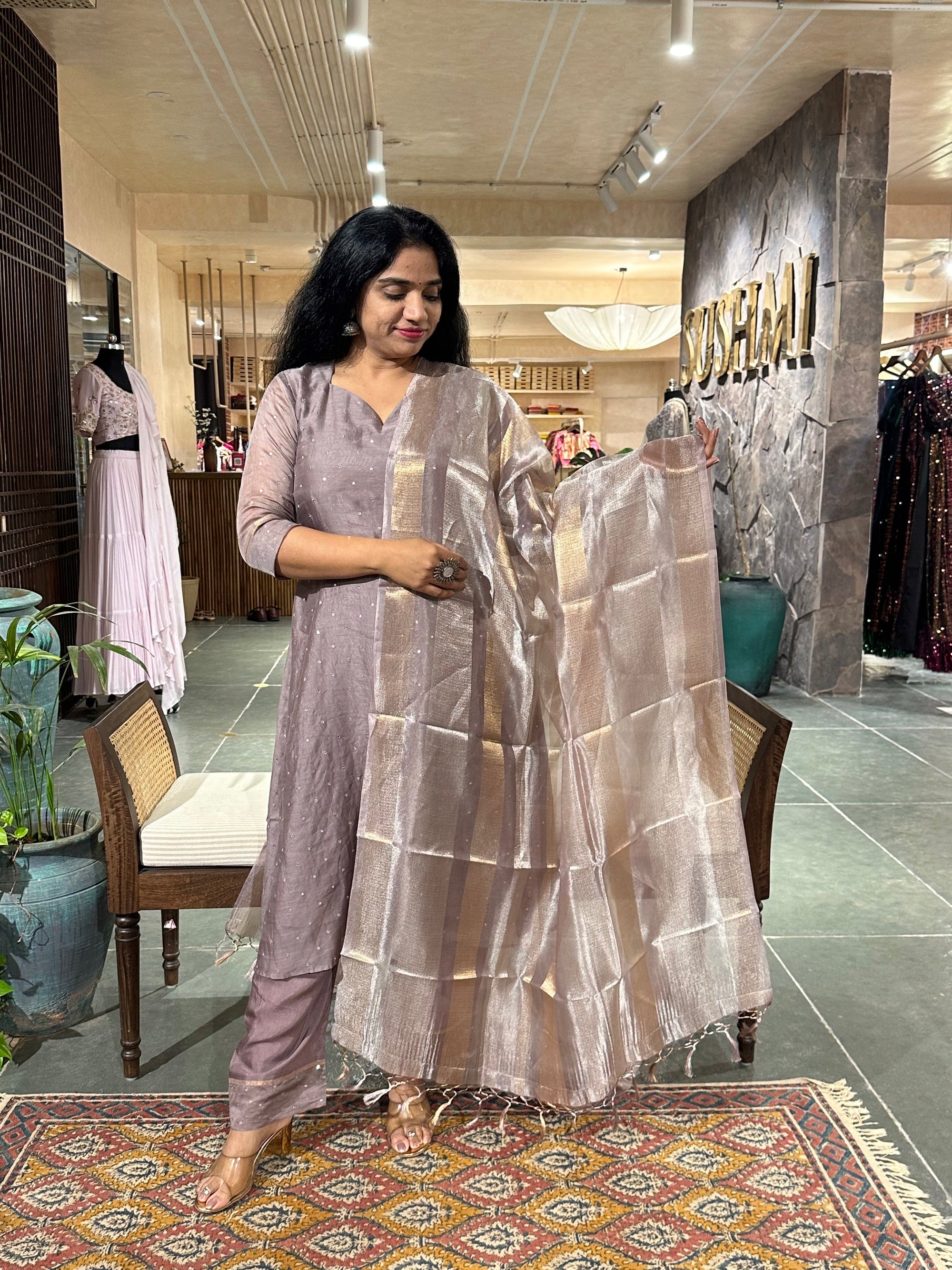 Earthy Tone pure Chanderi Silk 3 pc sticthed suit with mirror work