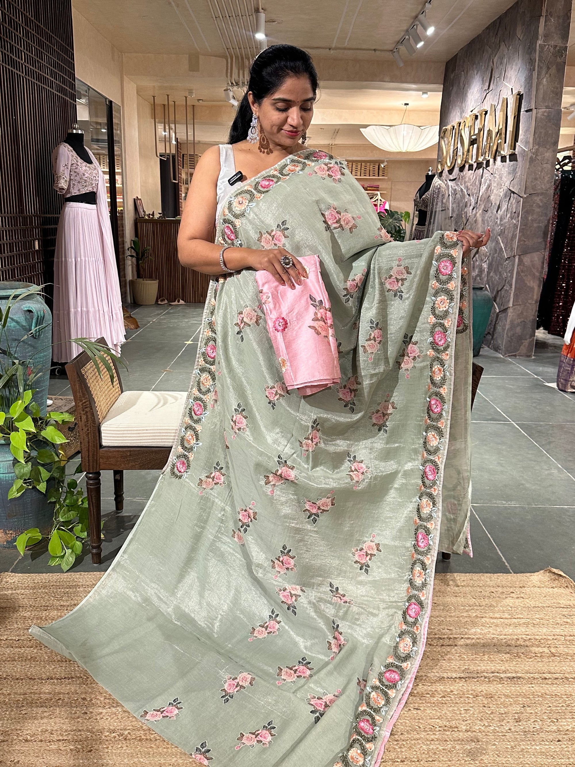 Pista Green Cotton Tissue Saree with allover floral bunches applique work