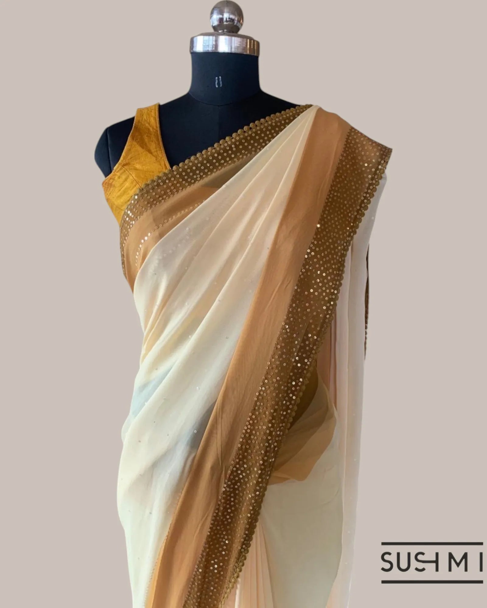 Light mustard Pure Gorgette Saree With Shaded Sequnce Border
