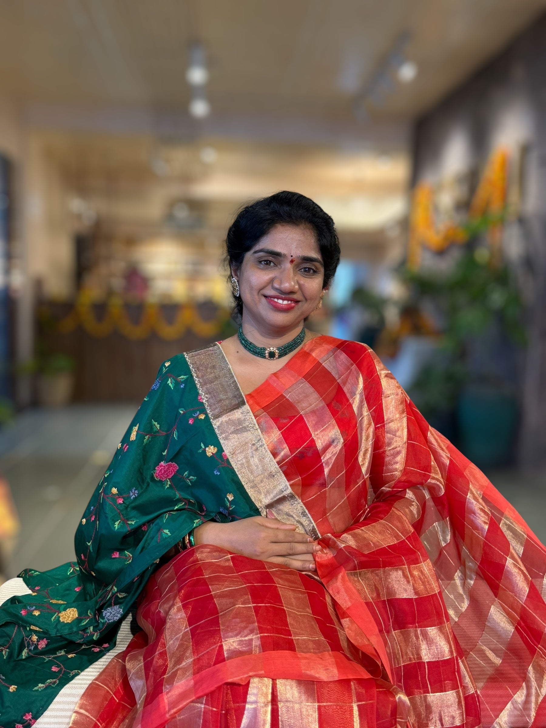 Red Pure Handloom Banarasi Kora Tissue Checks Saree