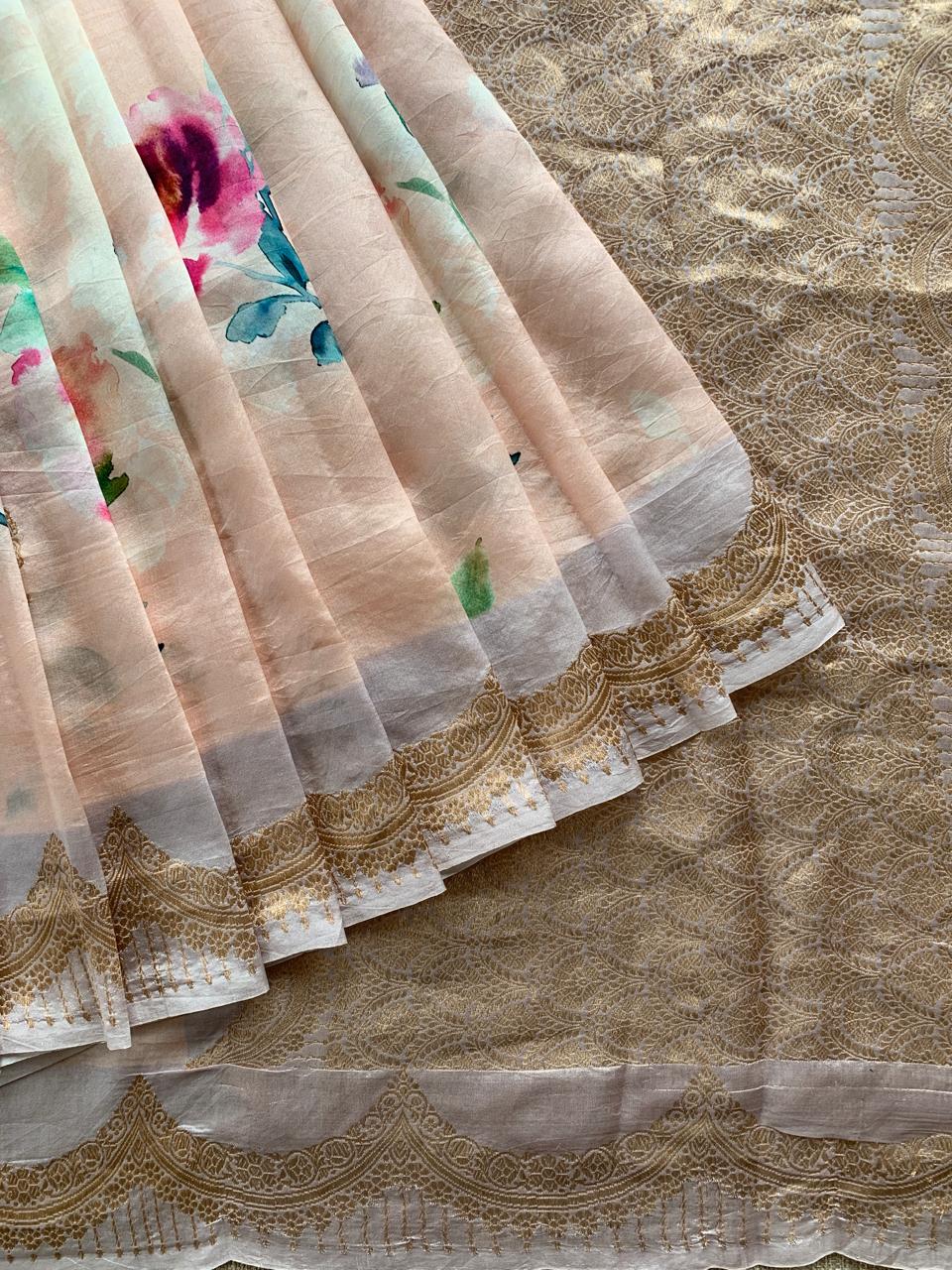 Banarasi Soft Silk Printed Saree With Scalloped Woven Zari Border