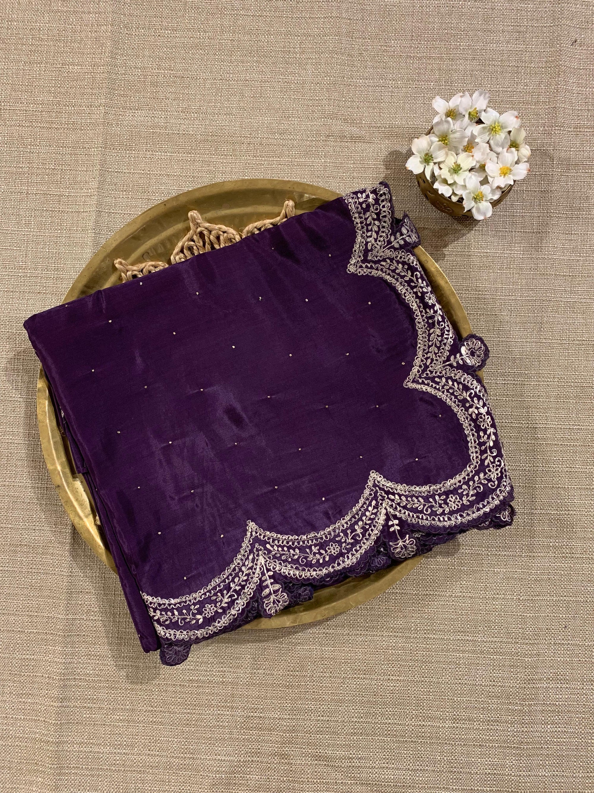 Plum Crepe Silk Saree With Pita Work Scallop Border & Pure Silk Printed Blouse