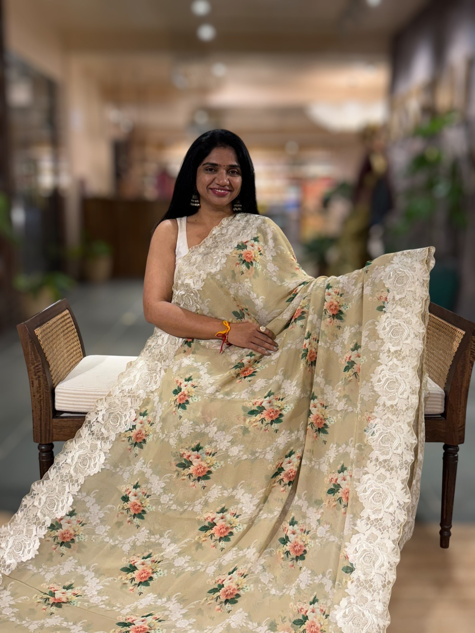 Wheat Gorgette Printed Saree With Chatilly Lace Style Cutwork embroidered Border