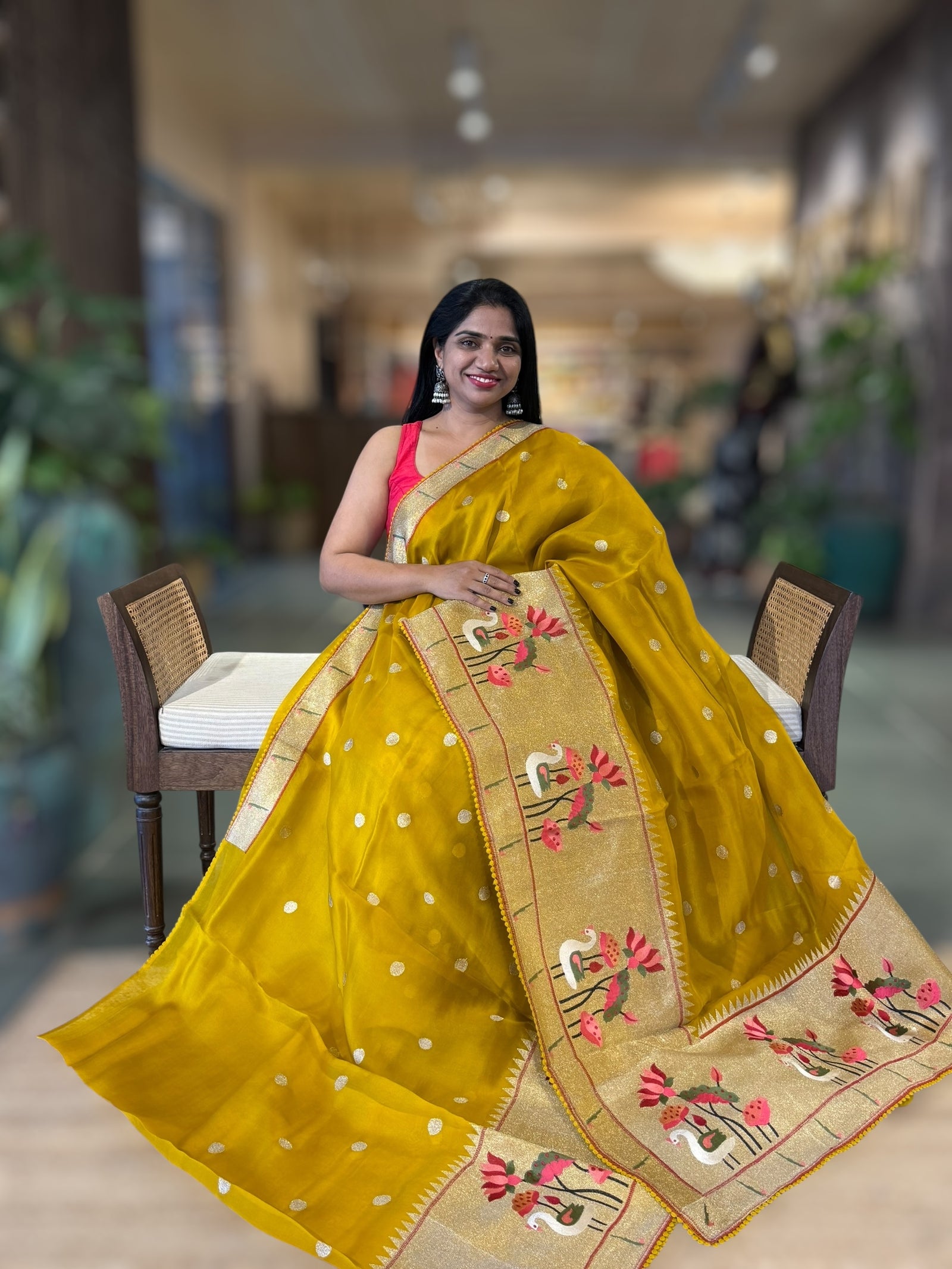 Mustard Pure Organza Saree With Pythani Embroidered Border
