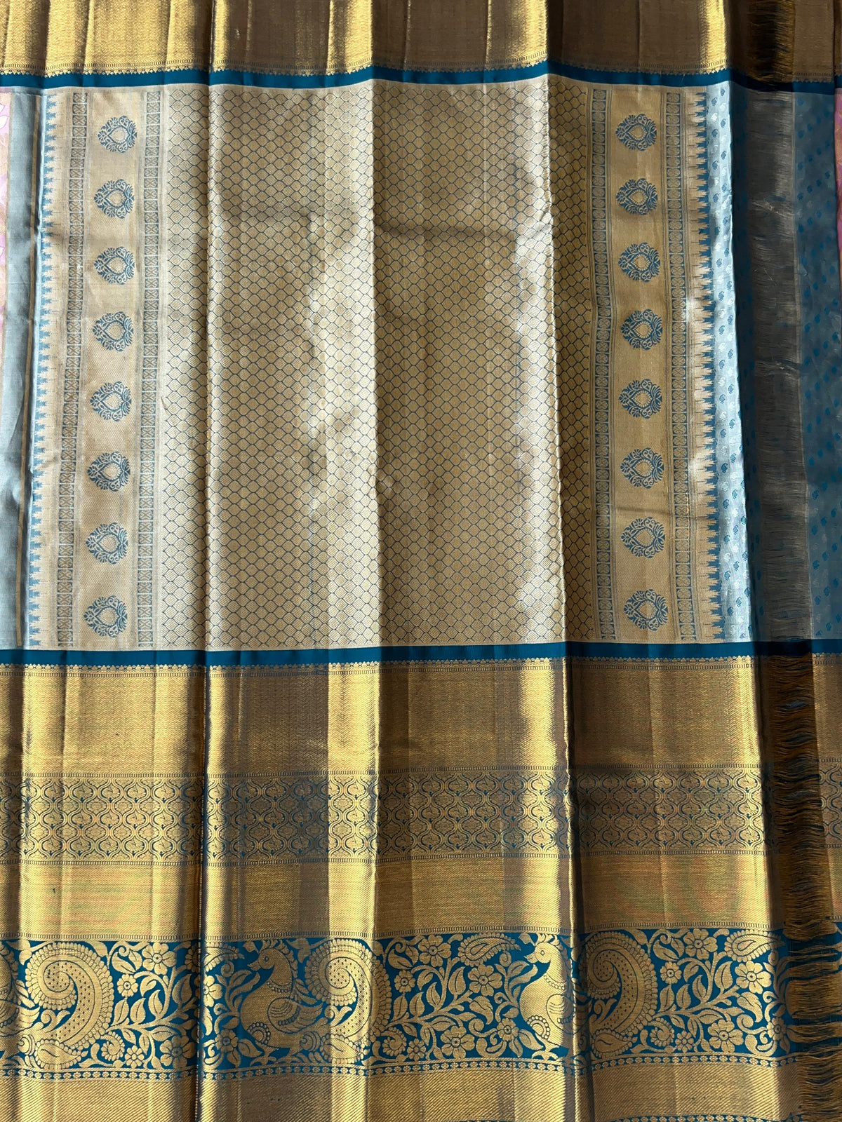 Lotus Pink & Peacock Blue Combo Pure Kanchi Tissue allover Brocade Saree
