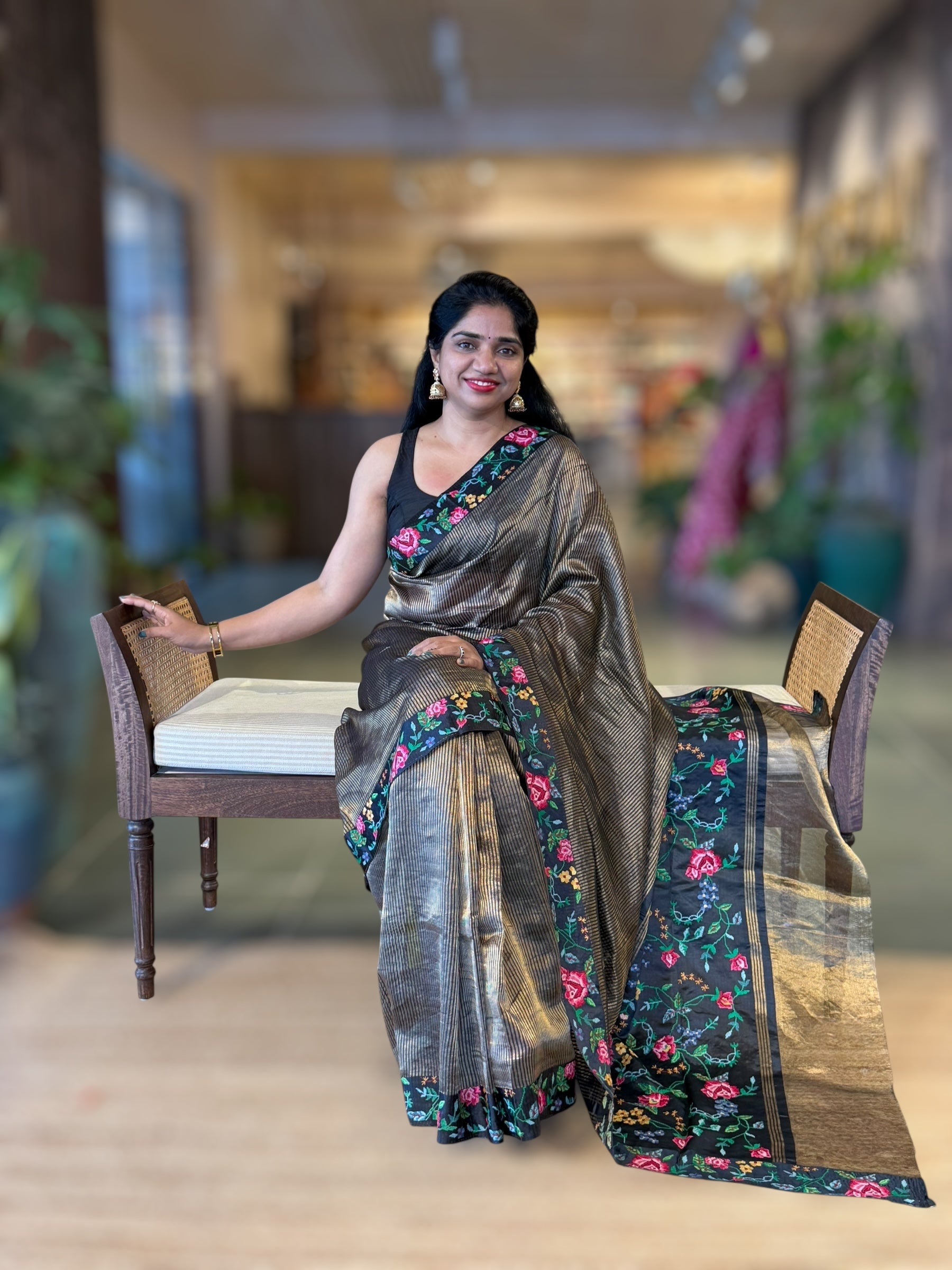 Black Tissue Stripes Saree wth Petite Point Embroidered Border Pallu & BP