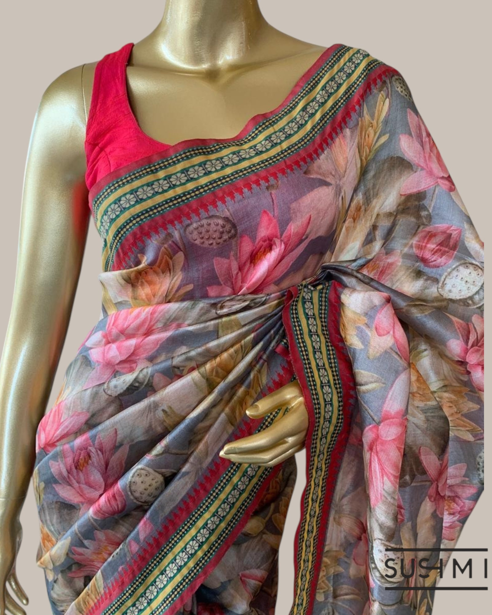 Lotus Floral Printed Pure Vidharbha Tussar Saree Original Price : 19,999 inr 15%