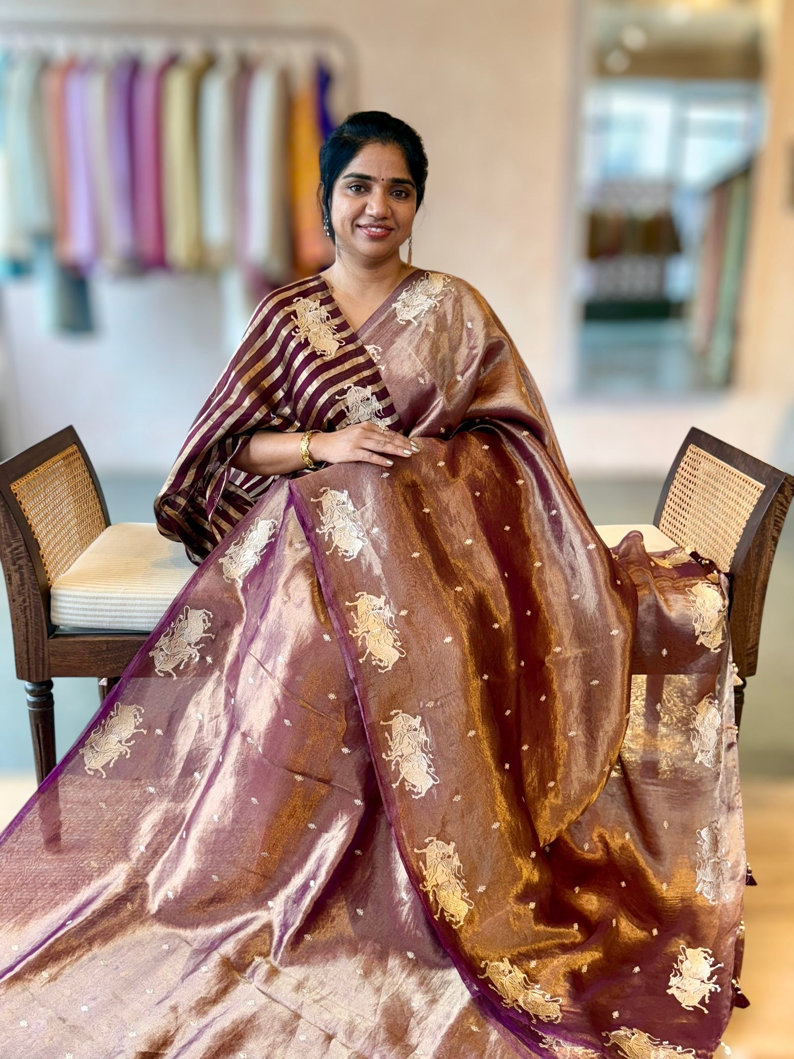 Purple Handloom Tissue Saree wth Nandi Embroidered Border & Stripes Tissue BP