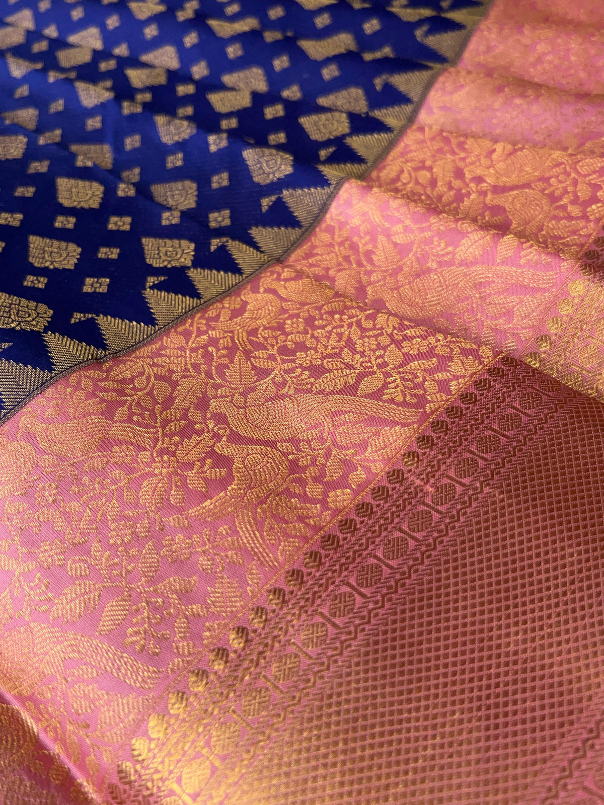 Purplish  Blue & Peach Pink Pure Kanchi Pattu Saree