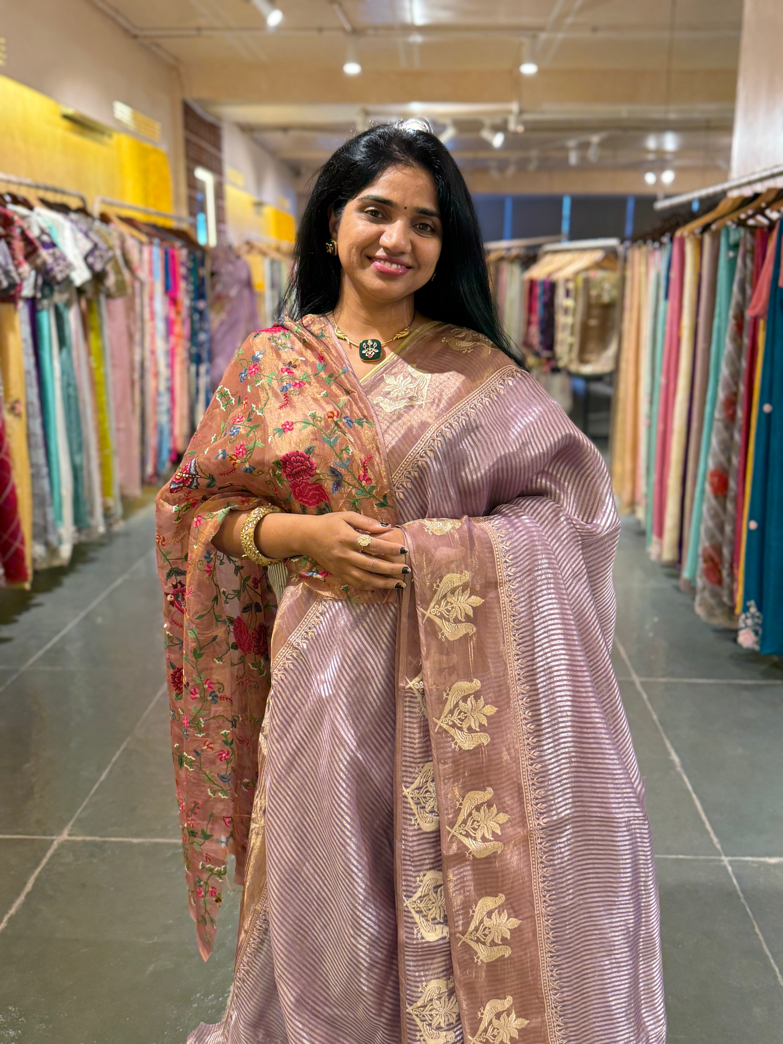 Mauve Kora Tissue Silver Zari stripes saree wth tissue Embroidered Border