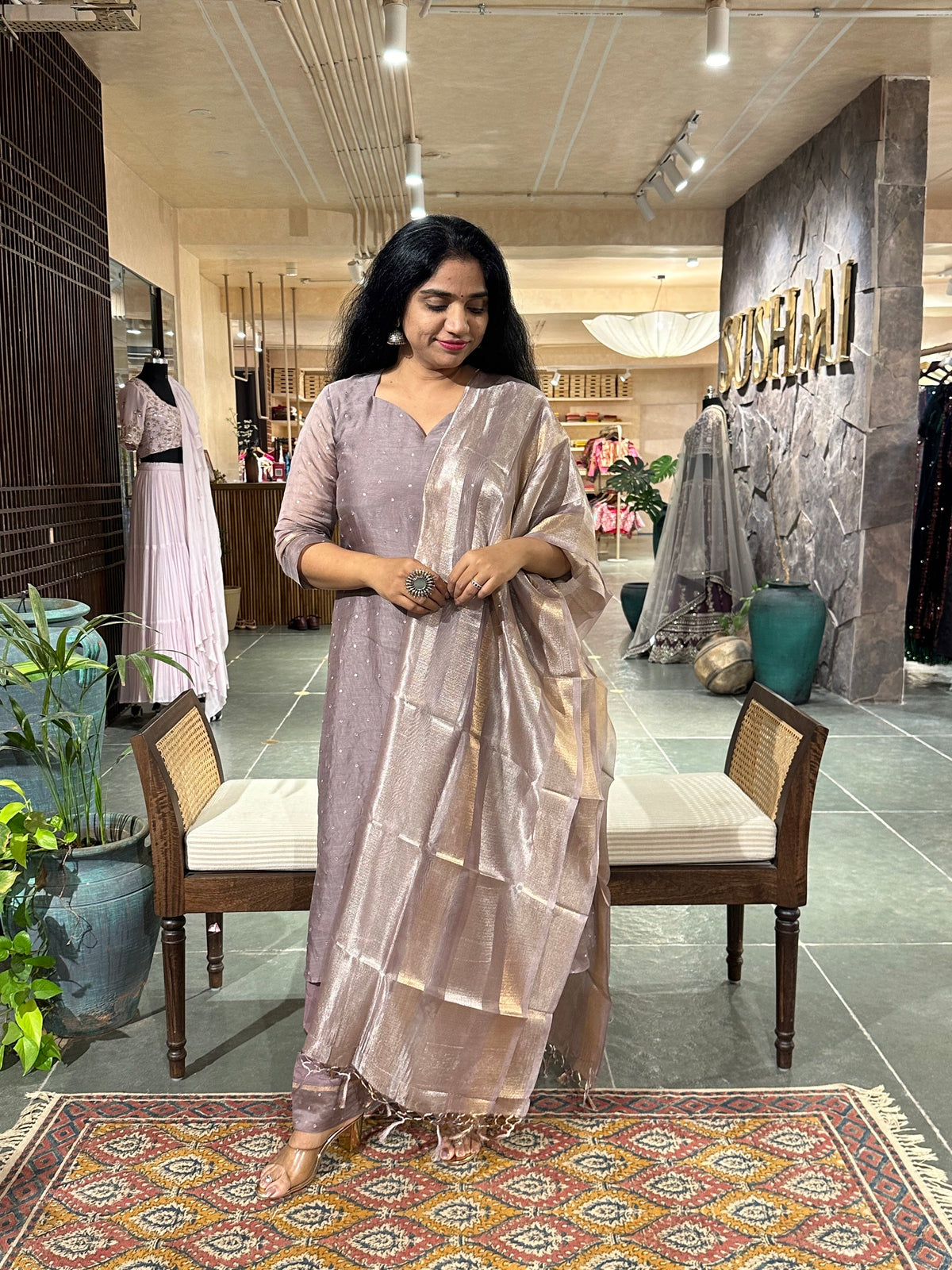 Earthy Tone pure Chanderi Silk 3 pc sticthed suit with mirror work