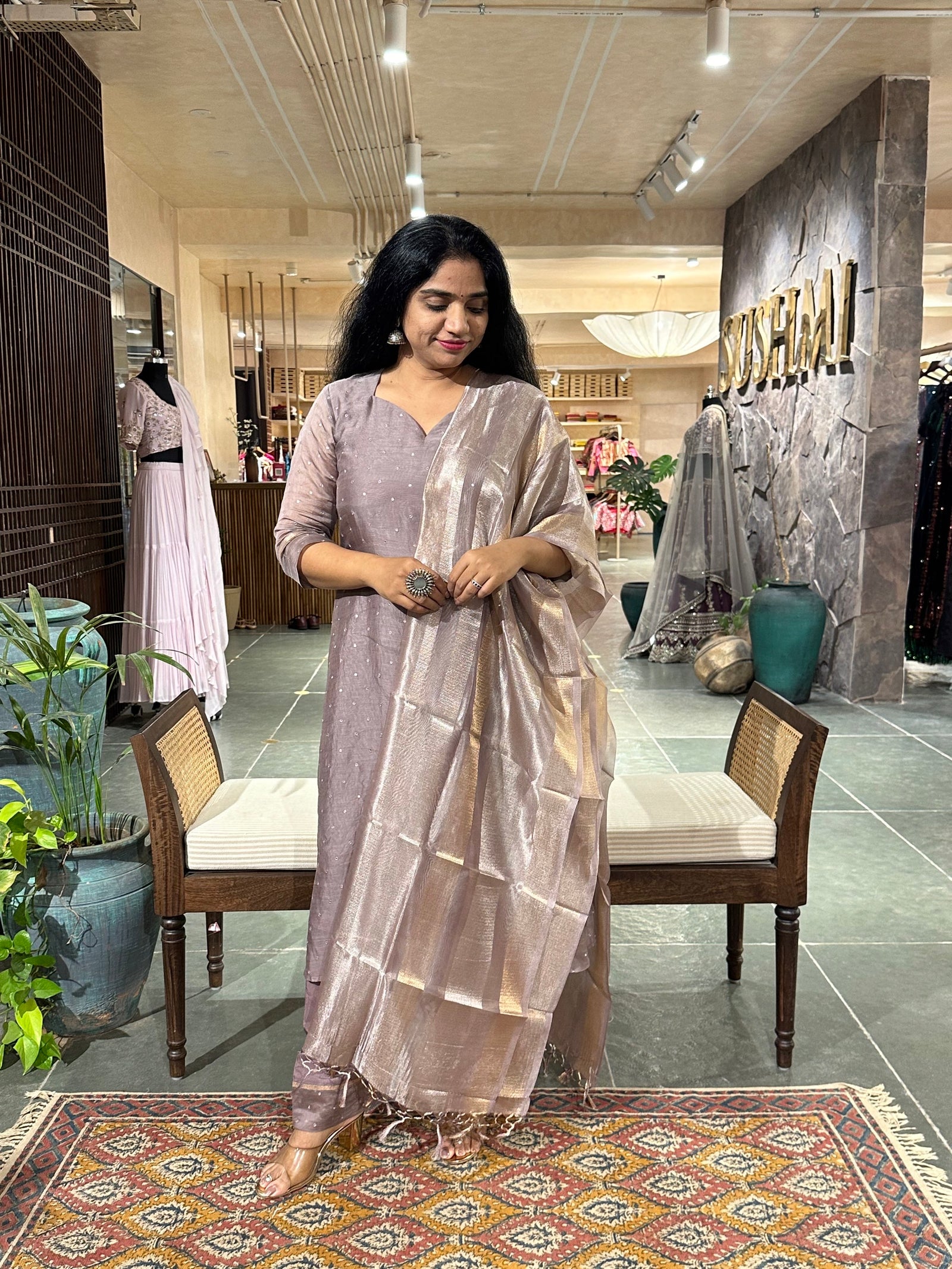 Earthy Tone pure Chanderi Silk 3 pc sticthed suit with mirror work