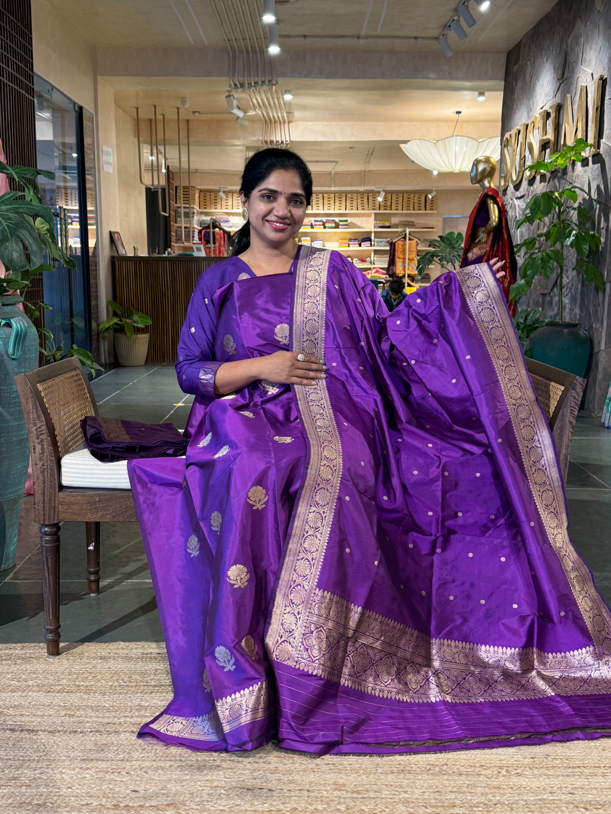 Purple Pute Handloom Katan Silk  3 pc Suit Set with  kaduwa weaving
