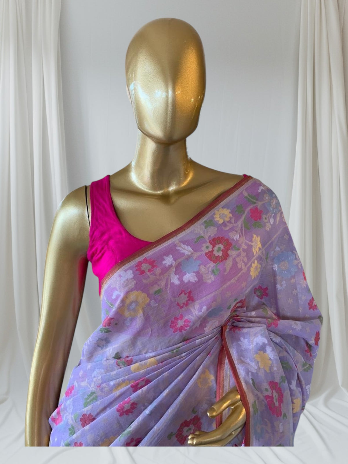 Lilac Banarasi Handloom Cotton Cut Jamdani Saree With Allover Meenakari