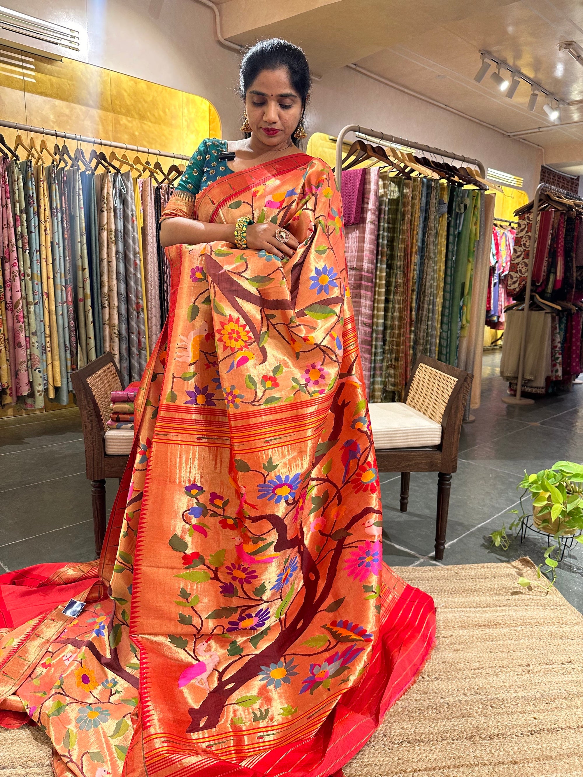 Dark Peach Tissue Allover Pure Handloom Paithani Saree