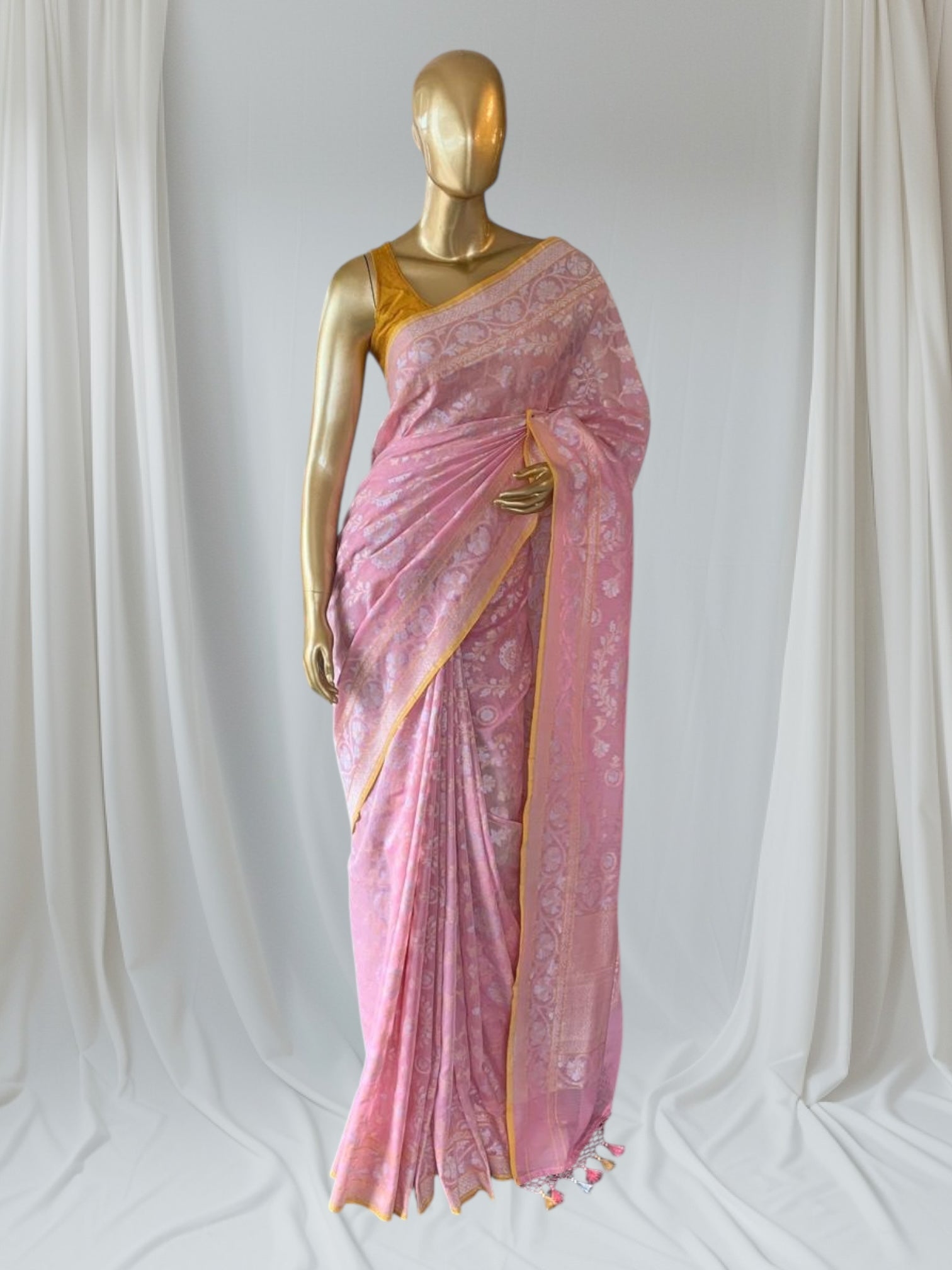 Pastel Pink Banarasi Handloom Cotton  Cut Jamdani Saree With Allover Meenakari