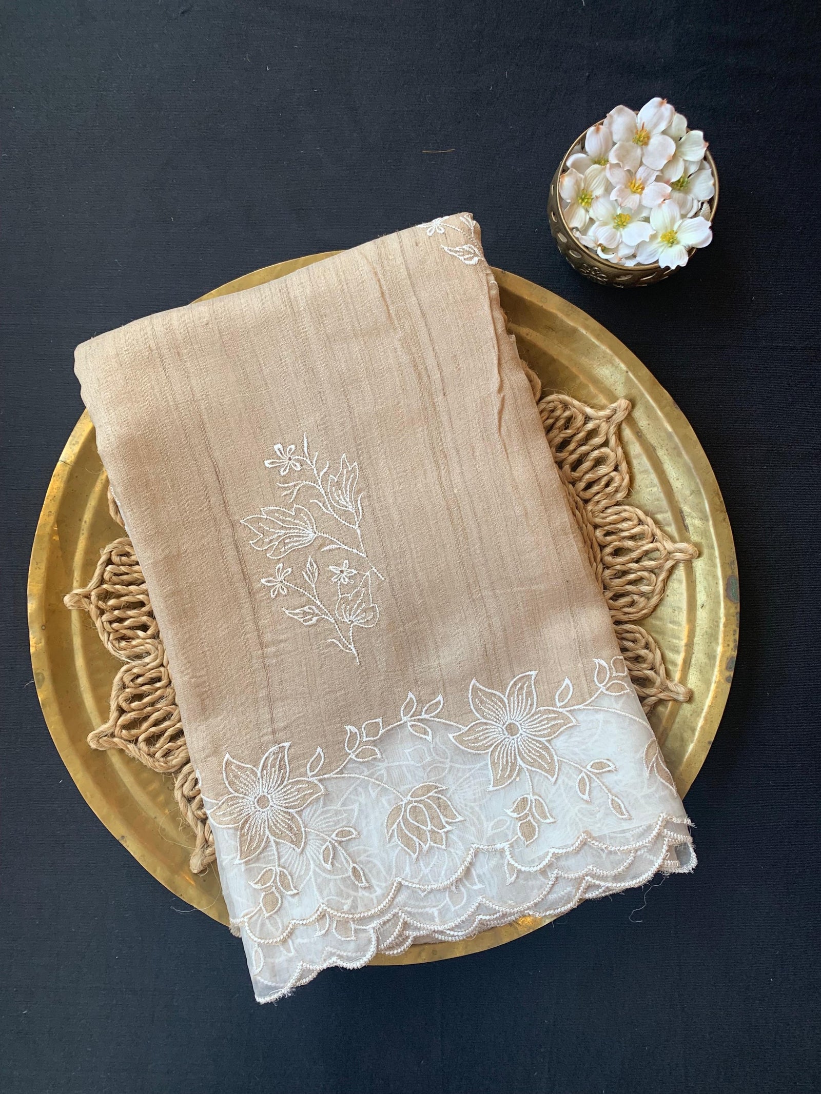 Pure handloom Tussar Designer Saree with Organza Applique Cutwork Border