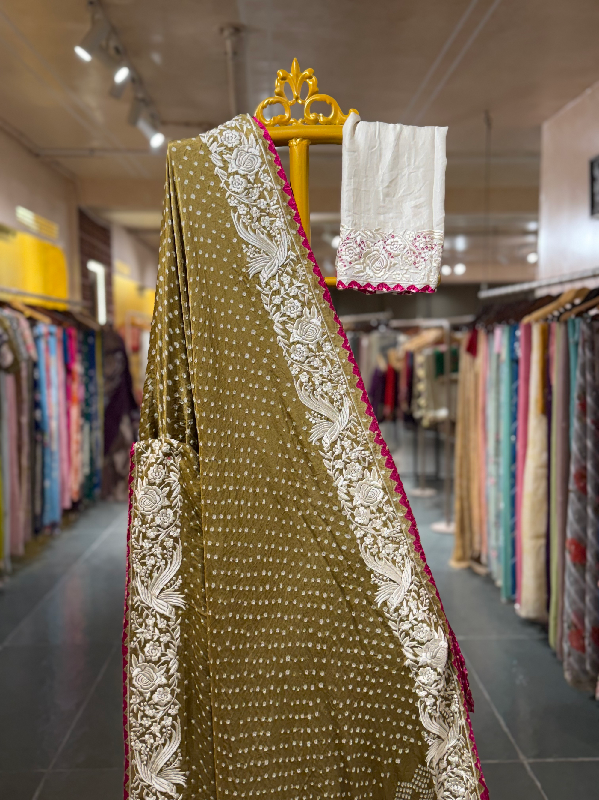 Mehendi Green Pure Gajji Silk Kutch Bandhej Saree with Parsi Gara Embroidery