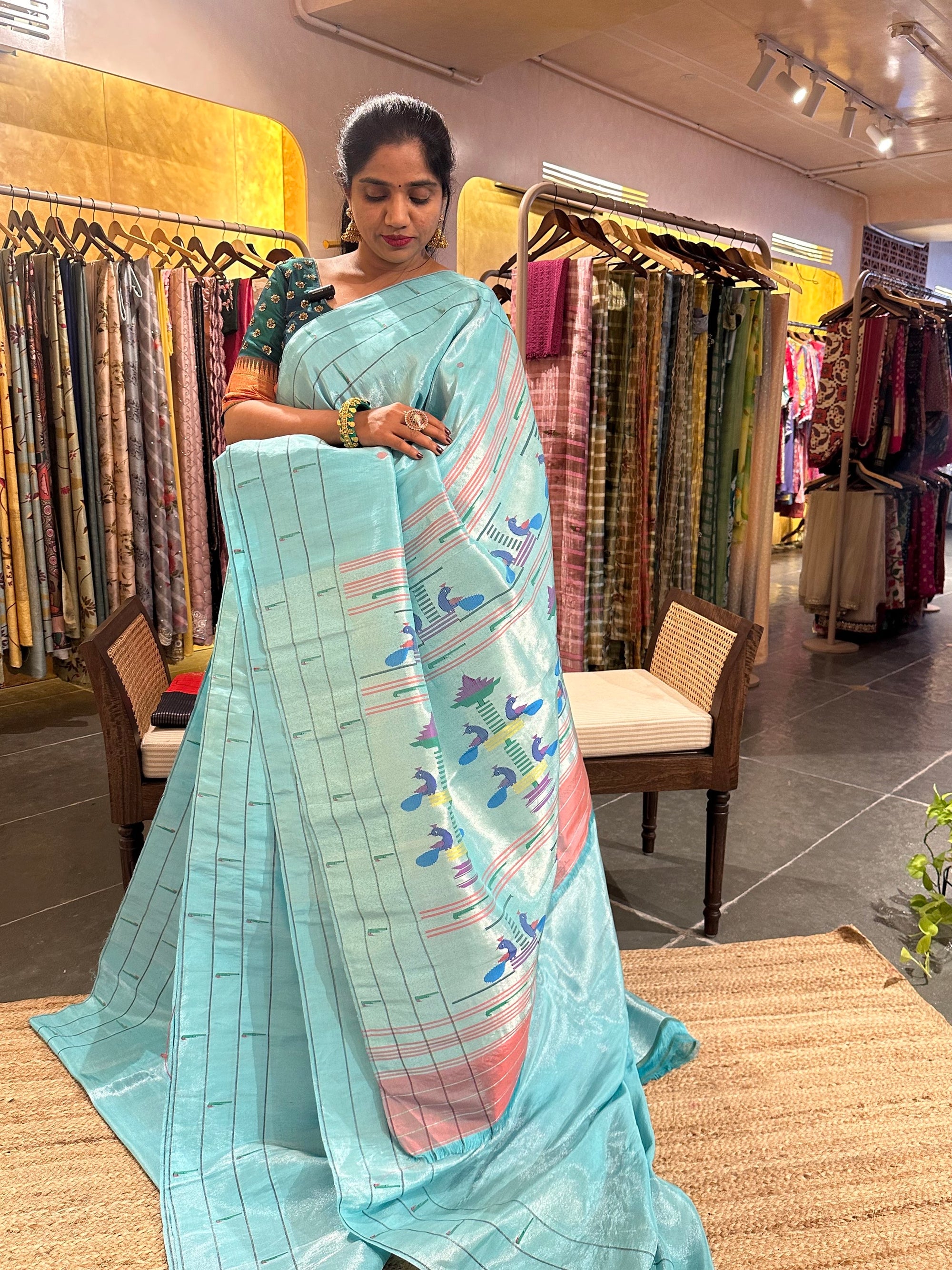 Sea Blue Tissue Paithani Saree with tripple muniya in monotone look