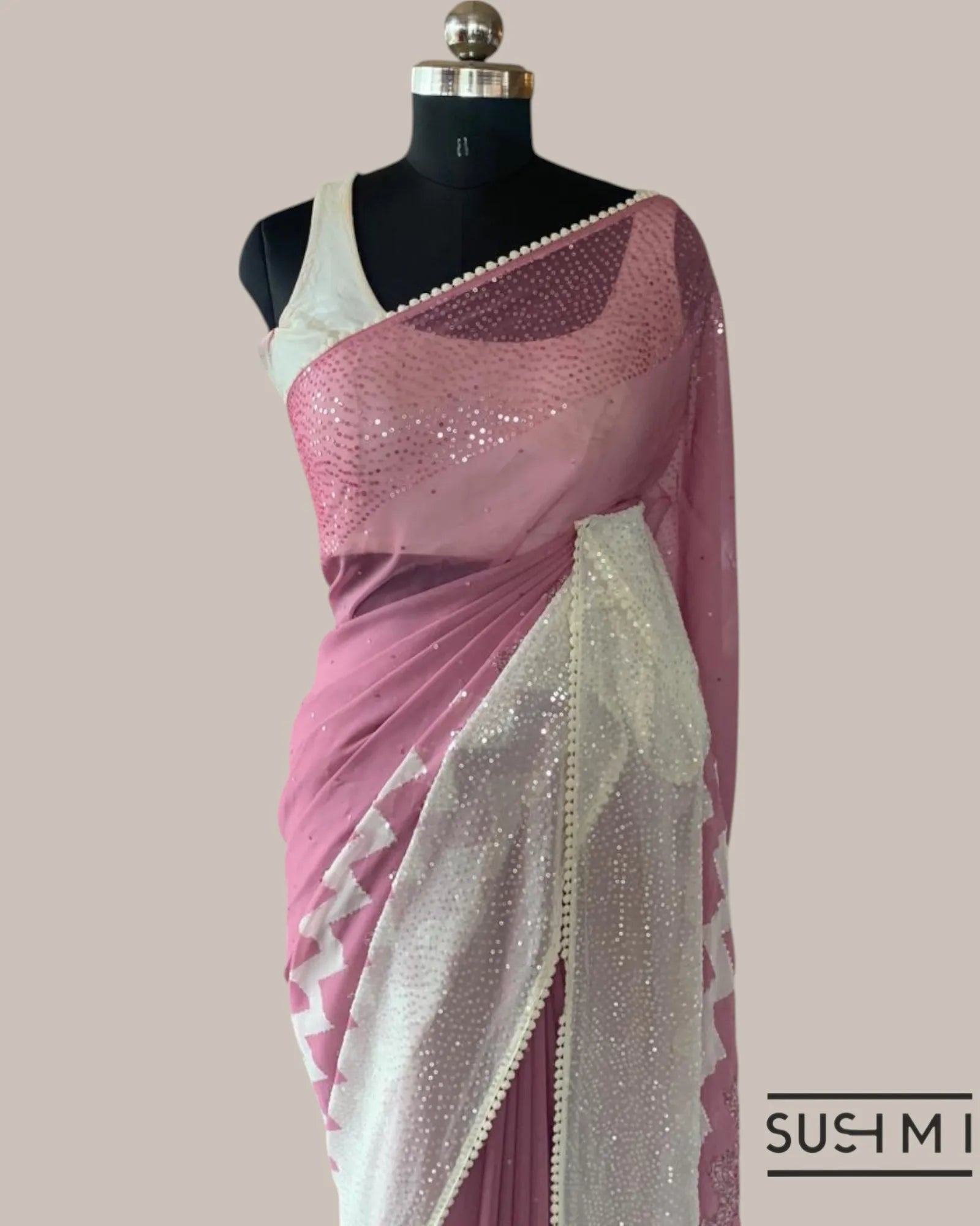 Dusty Pink Pure Gorgette Saree With Zigzag Pattern Sequnce Border